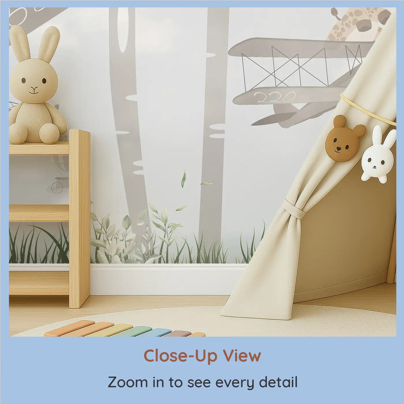 Close-up view of Whimsy Tots' Whimsical Woodland Flight Wall Mural (M0135).Sweet animals glide through treetops in vintage planes and hammocks.