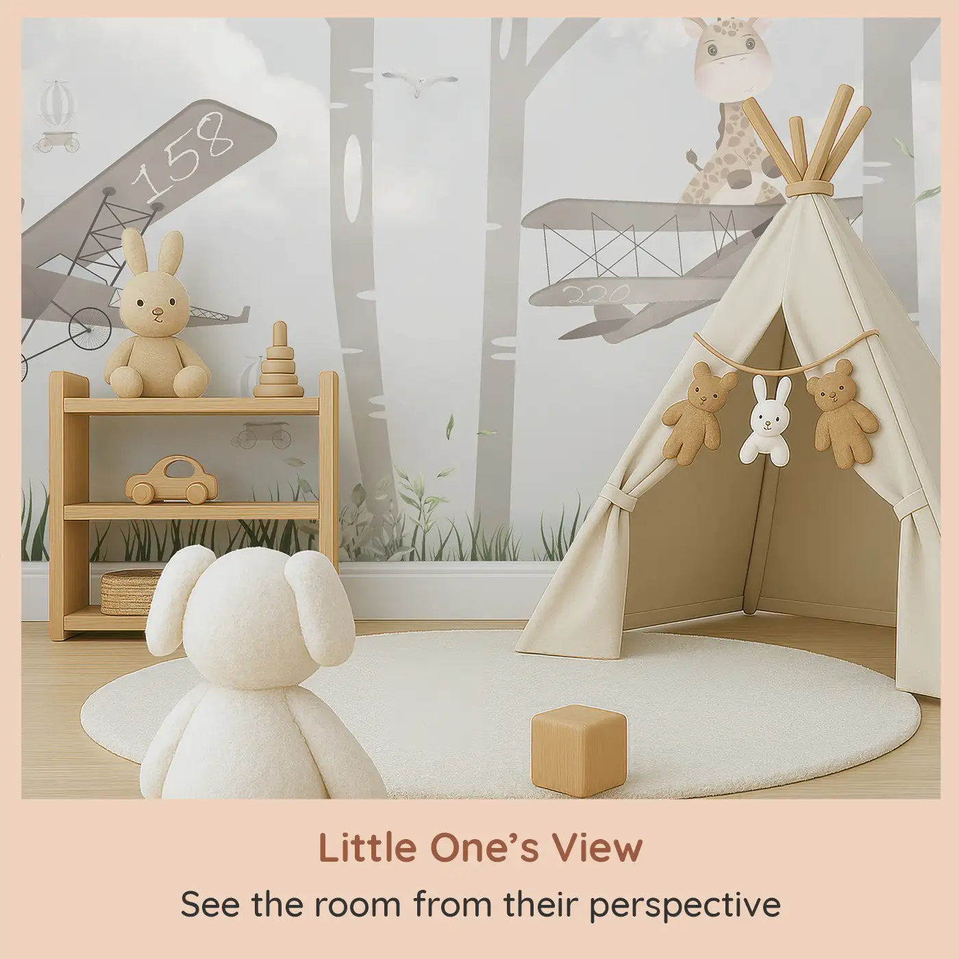 Whimsy Tots Whimsical Woodland Flight Wall Mural (M0135) from your child's view.Sweet animals glide through treetops in vintage planes and hammocks.