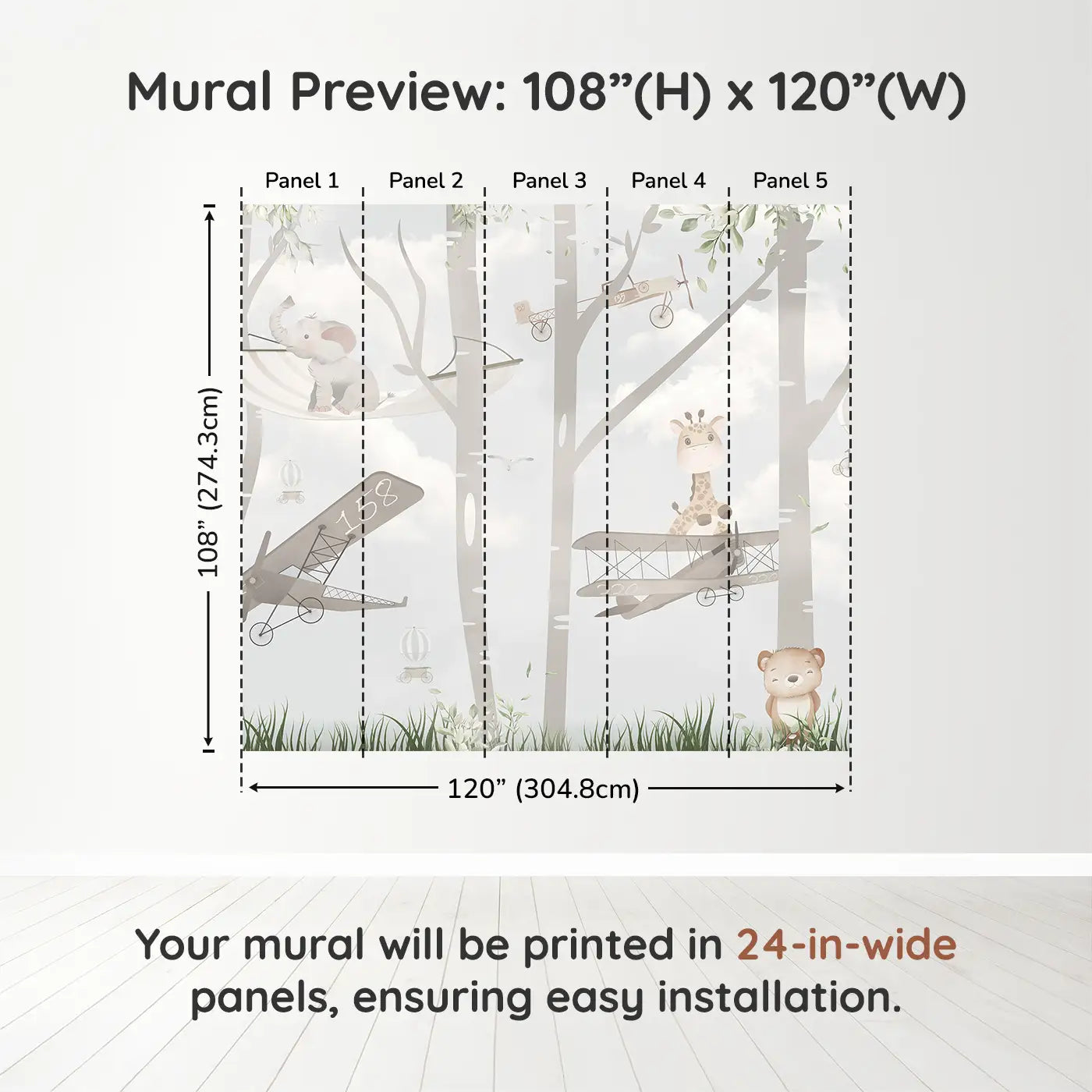 Whimsy Tots Whimsical Woodland Flight Wall Muraldimension view (108" H x 120" W). Printed in five 24-inch-wide panels. Sweet animals glide through treetops in vintage planes and hammocks.