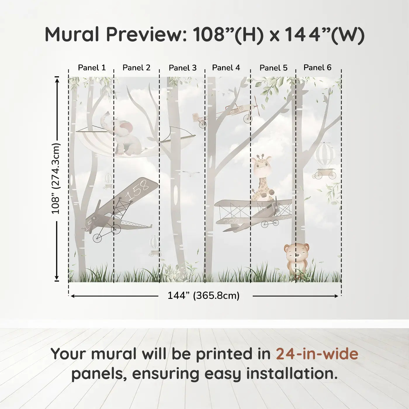 Whimsy Tots Whimsical Woodland Flight Wall Muraldimension view (108" H x 144" W). Printed in six 24-inch-wide panels. Sweet animals glide through treetops in vintage planes and hammocks.