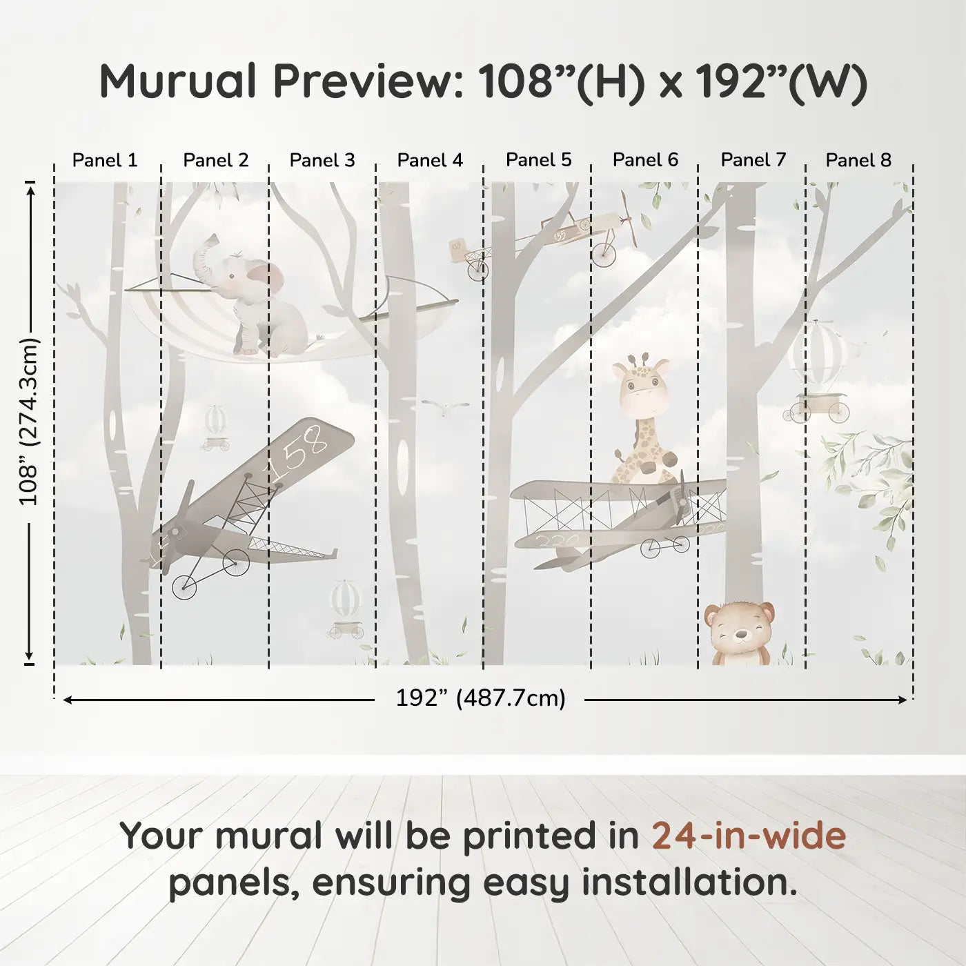 Whimsy Tots Whimsical Woodland Flight Wall Muraldimension view (108" H x 192" W). Printed in eight 24-inch-wide panels. Sweet animals glide through treetops in vintage planes and hammocks.