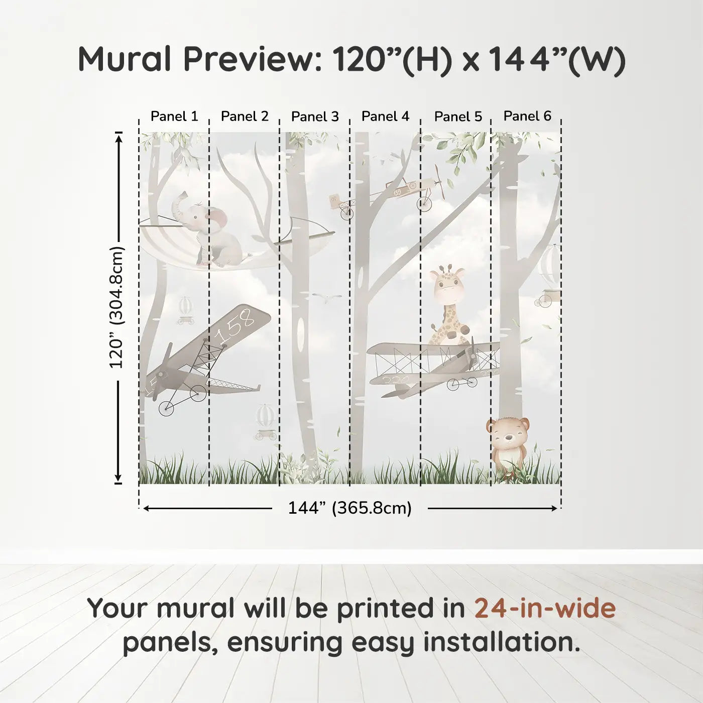 Whimsy Tots Whimsical Woodland Flight Wall Muraldimension view (120" H x 144" W). Printed in six 24-inch-wide panels. Sweet animals glide through treetops in vintage planes and hammocks.