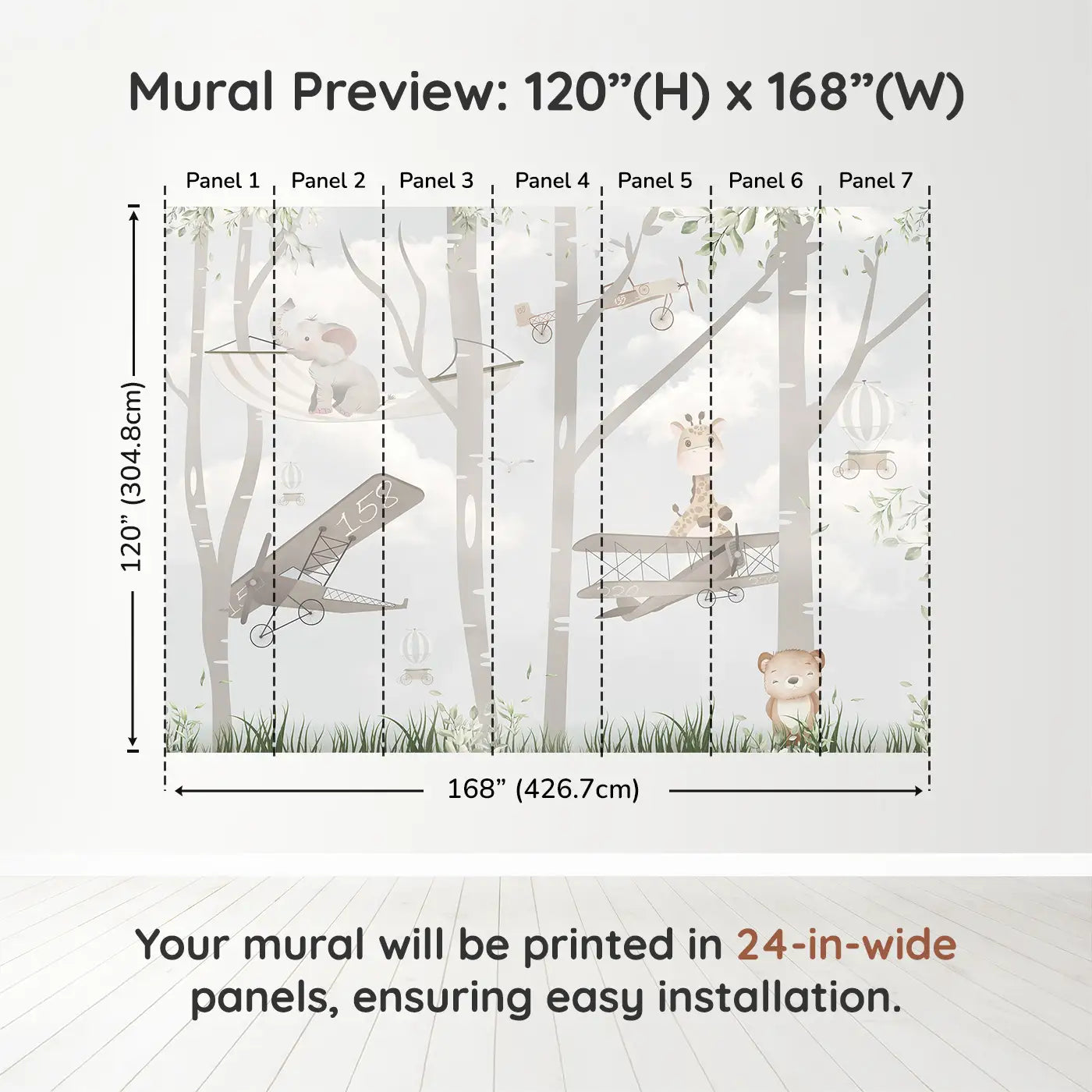 Whimsy Tots Whimsical Woodland Flight Wall Muraldimension view (120" H x 168" W). Printed in seven 24-inch-wide panels. Sweet animals glide through treetops in vintage planes and hammocks.