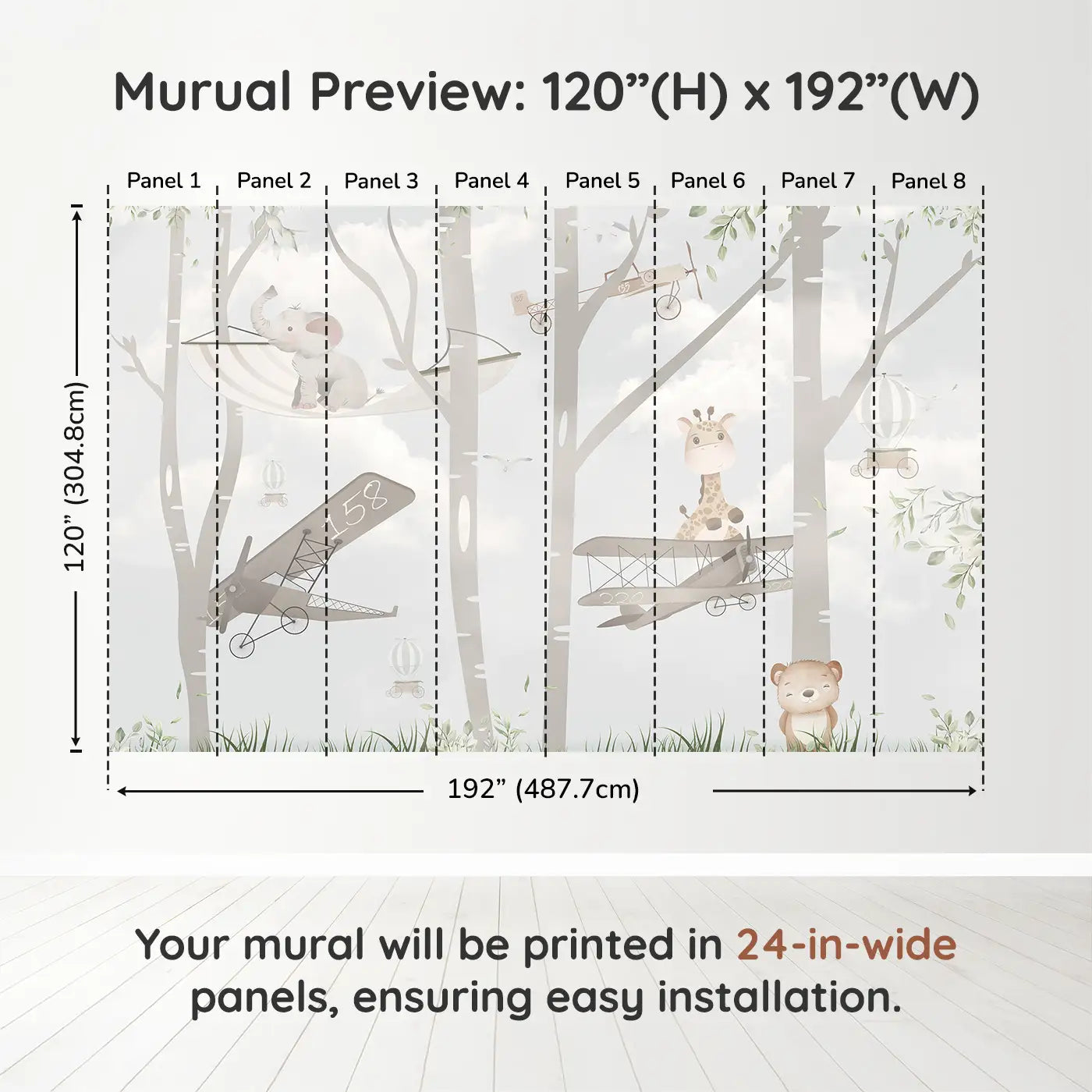 Whimsy Tots Whimsical Woodland Flight Wall Muraldimension view (120" H x 192" W). Printed in eight 24-inch-wide panels. Sweet animals glide through treetops in vintage planes and hammocks.