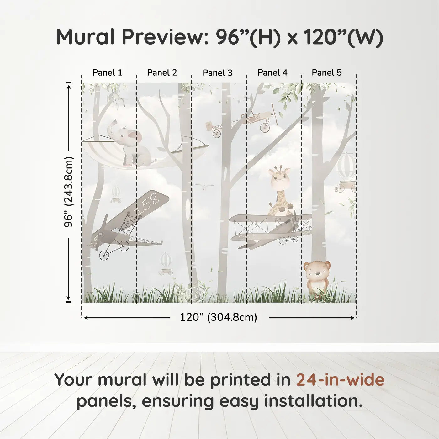 Whimsy Tots Whimsical Woodland Flight Wall Muraldimension view (96" H x 120" W). Printed in five 24-inch-wide panels. Sweet animals glide through treetops in vintage planes and hammocks.
