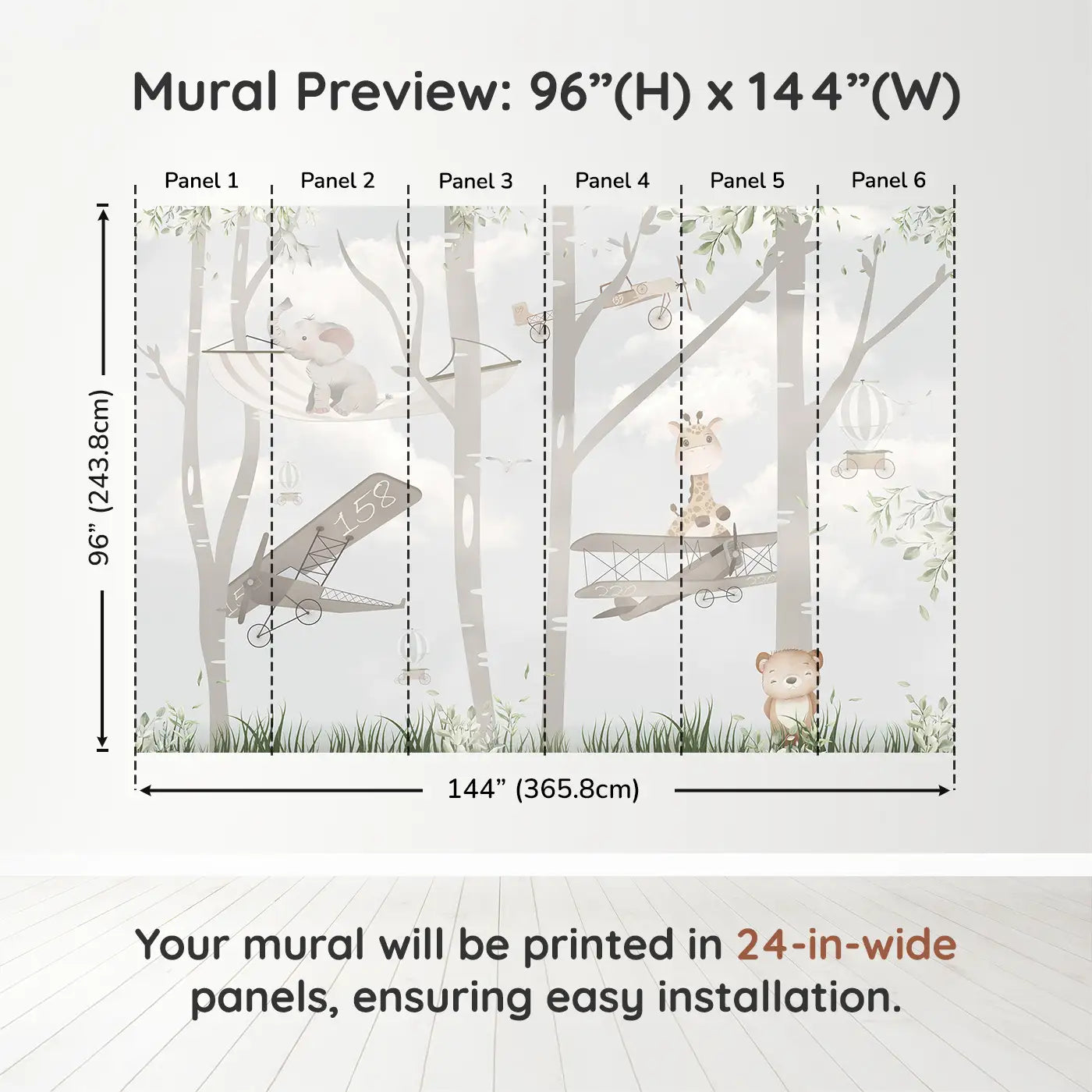 Whimsy Tots Whimsical Woodland Flight Wall Muraldimension view (96" H x 144" W). Printed in six 24-inch-wide panels. Sweet animals glide through treetops in vintage planes and hammocks.