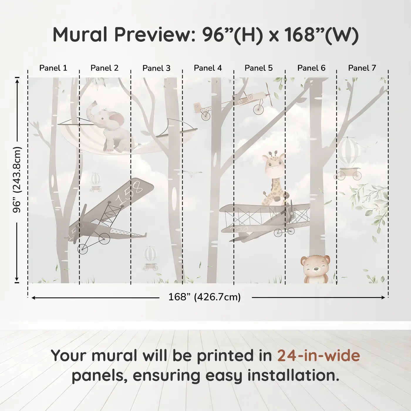 Whimsy Tots Whimsical Woodland Flight Wall Muraldimension view (96" H x 168" W). Printed in seven 24-inch-wide panels. Sweet animals glide through treetops in vintage planes and hammocks.