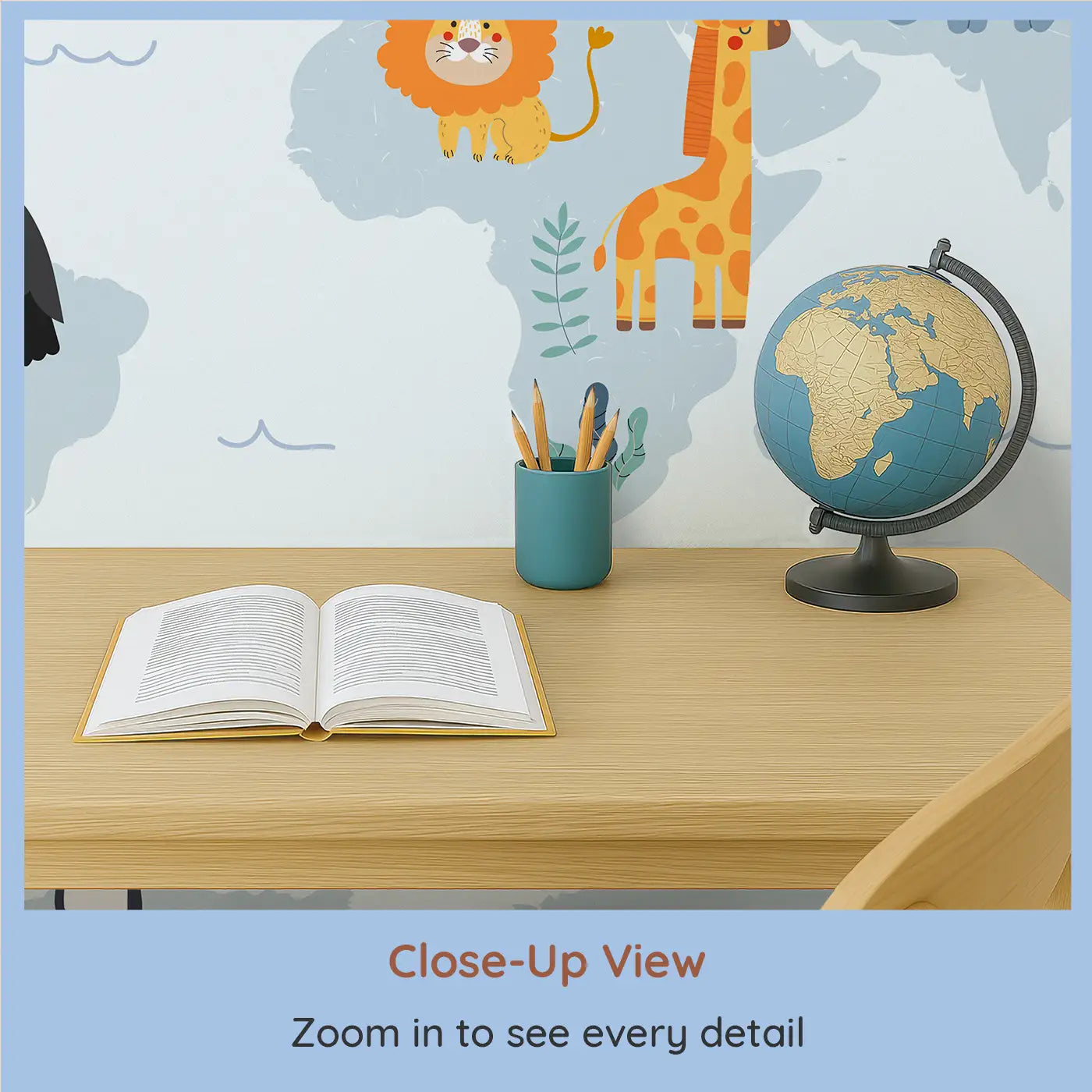 Close-up view of Whimsy Tots' Wildlife Explorer Map Wall Mural (M0152).A playful world map filled with friendly animals from every continent.