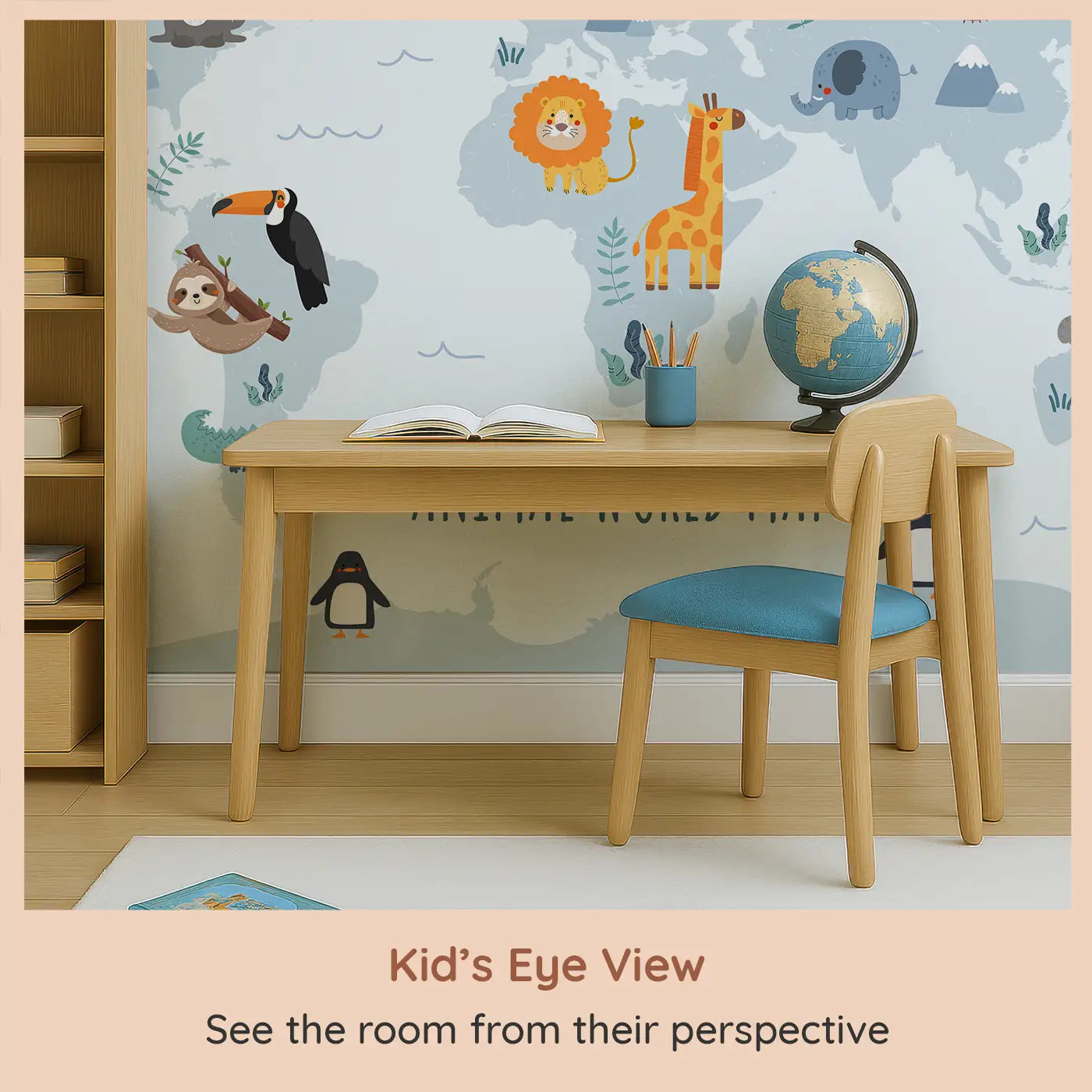 Whimsy Tots Wildlife Explorer Map Wall Mural (M0152) from your child's view.A playful world map filled with friendly animals from every continent.