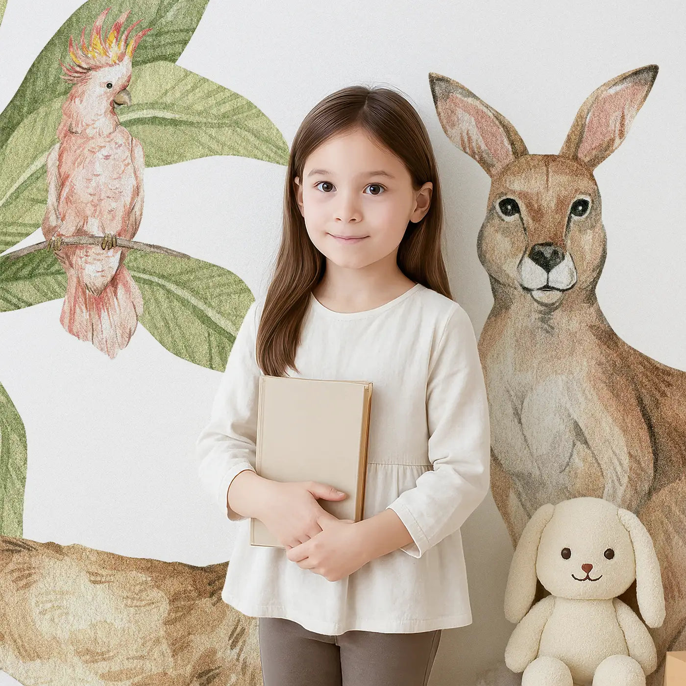 Child in front of Whimsy Tots Wildlife Explorer Map Wall Mural with lion, panda, penguin, giraffe, elephant, rabbit, fox, bear, koala, crocodile, map in design.
