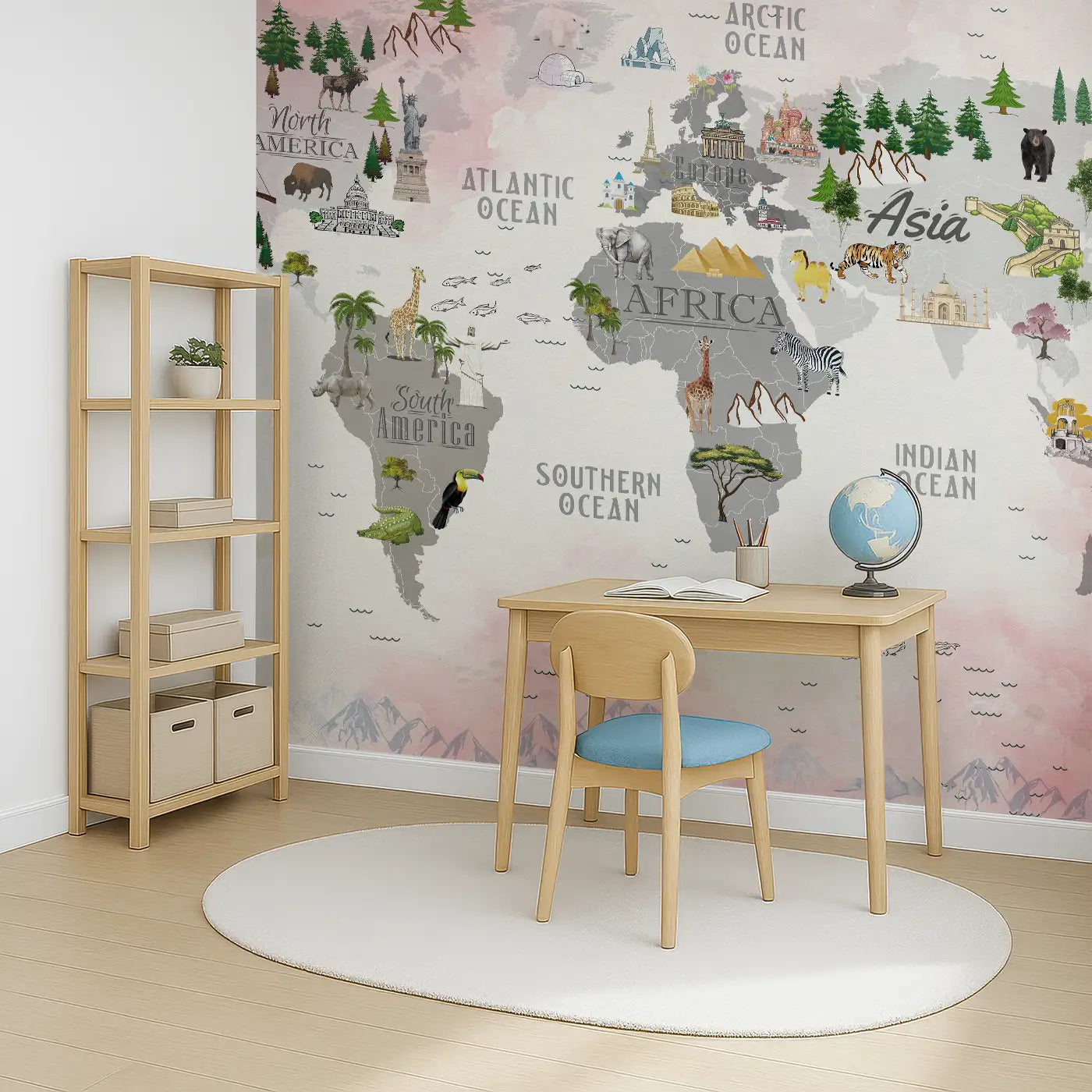 Angled view of Whimsy Tots' Landmarks Wildlife World Map Wall Mural (M0156).A playful journey across continents, cultures, and animals.