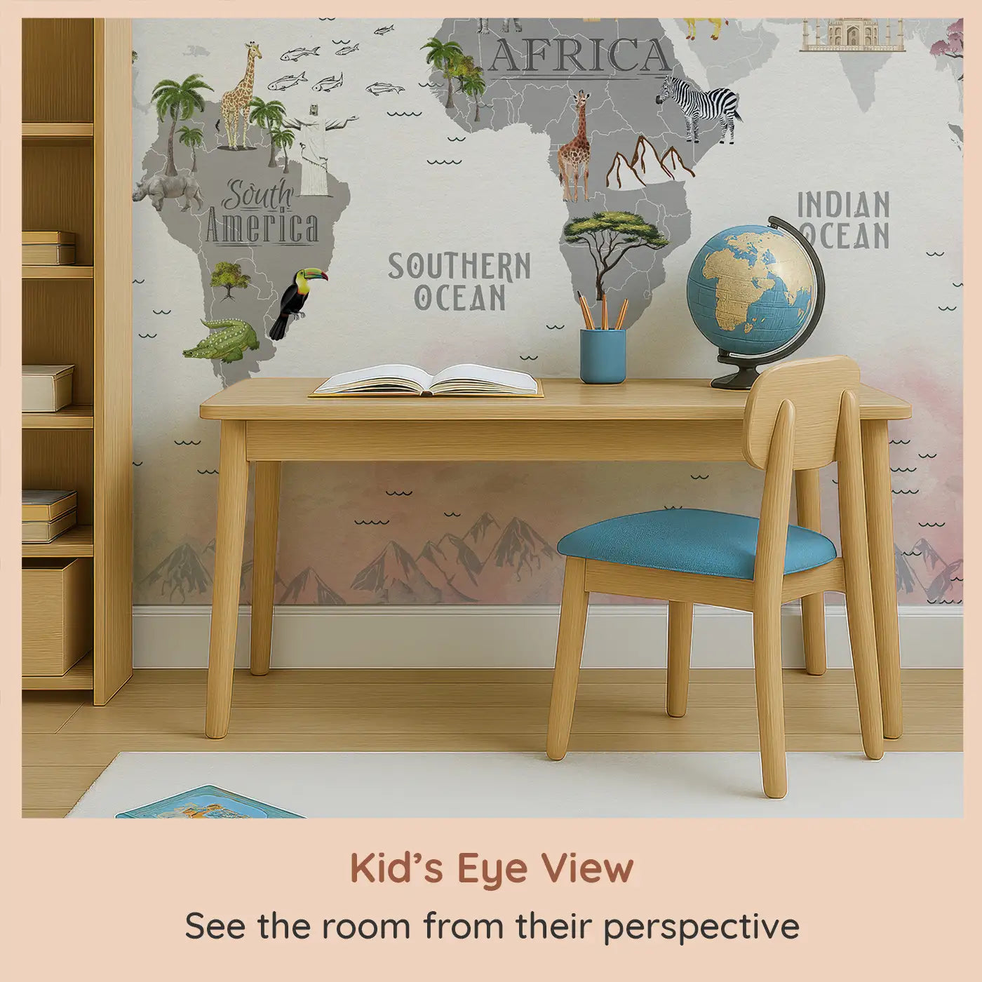 Whimsy Tots Landmarks Wildlife World Map Wall Mural (M0156) from your child's view.A playful journey across continents, cultures, and animals.