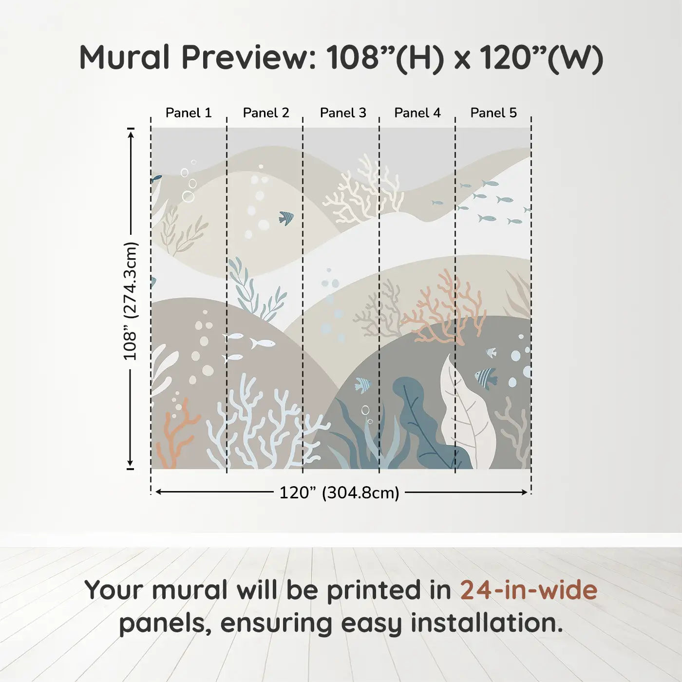 Whimsy Tots Serene Coral Reef Wall Muraldimension view (108" H x 120" W). Printed in five 24-inch-wide panels. A calming reef mural with sea plants, soft sand, and drifting fish.
