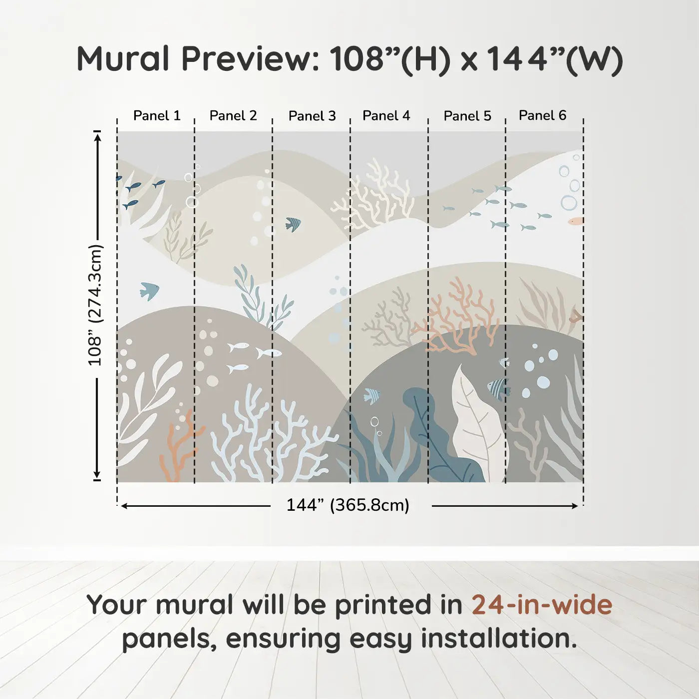 Whimsy Tots Serene Coral Reef Wall Muraldimension view (108" H x 144" W). Printed in six 24-inch-wide panels. A calming reef mural with sea plants, soft sand, and drifting fish.