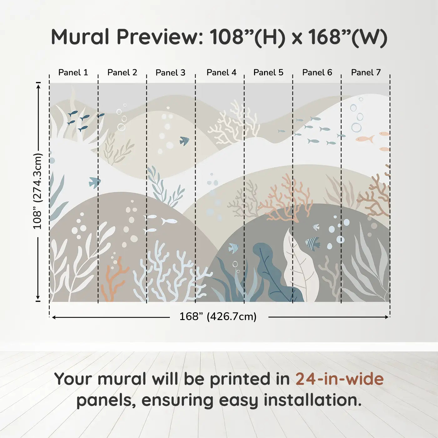 Whimsy Tots Serene Coral Reef Wall Muraldimension view (108" H x 168" W). Printed in seven 24-inch-wide panels. A calming reef mural with sea plants, soft sand, and drifting fish.