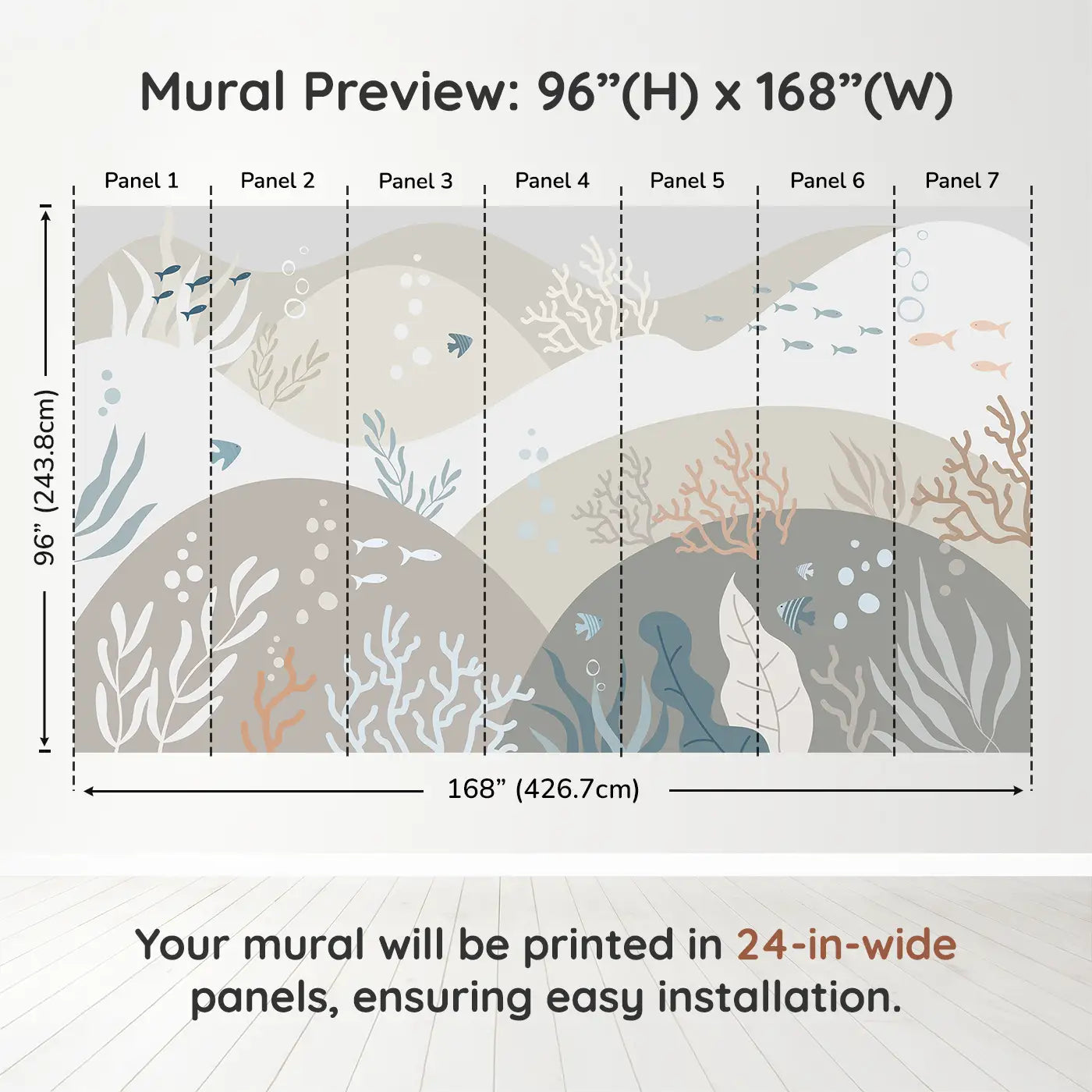 Whimsy Tots Serene Coral Reef Wall Muraldimension view (96" H x 168" W). Printed in seven 24-inch-wide panels. A calming reef mural with sea plants, soft sand, and drifting fish.