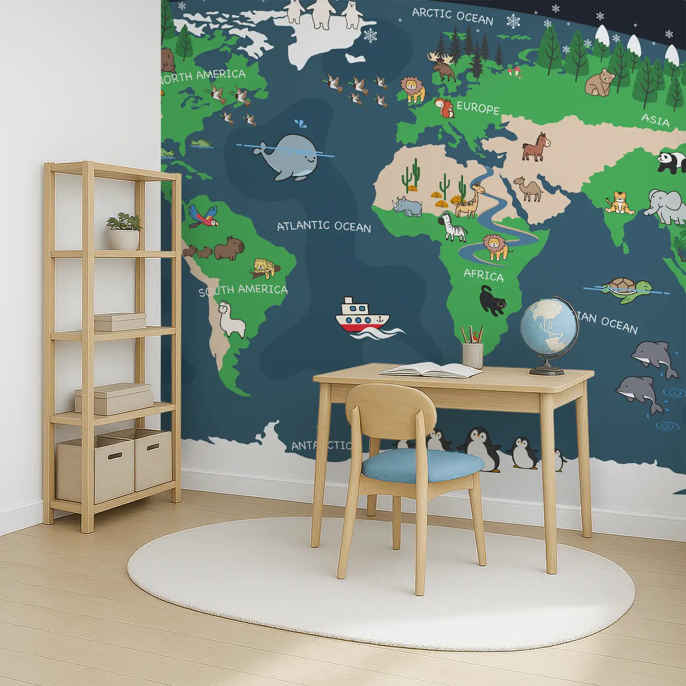 Angled view of Whimsy Tots' Adventurous World Map Wall Mural (M0197).A playful map of the world filled with animals, oceans, and joy.