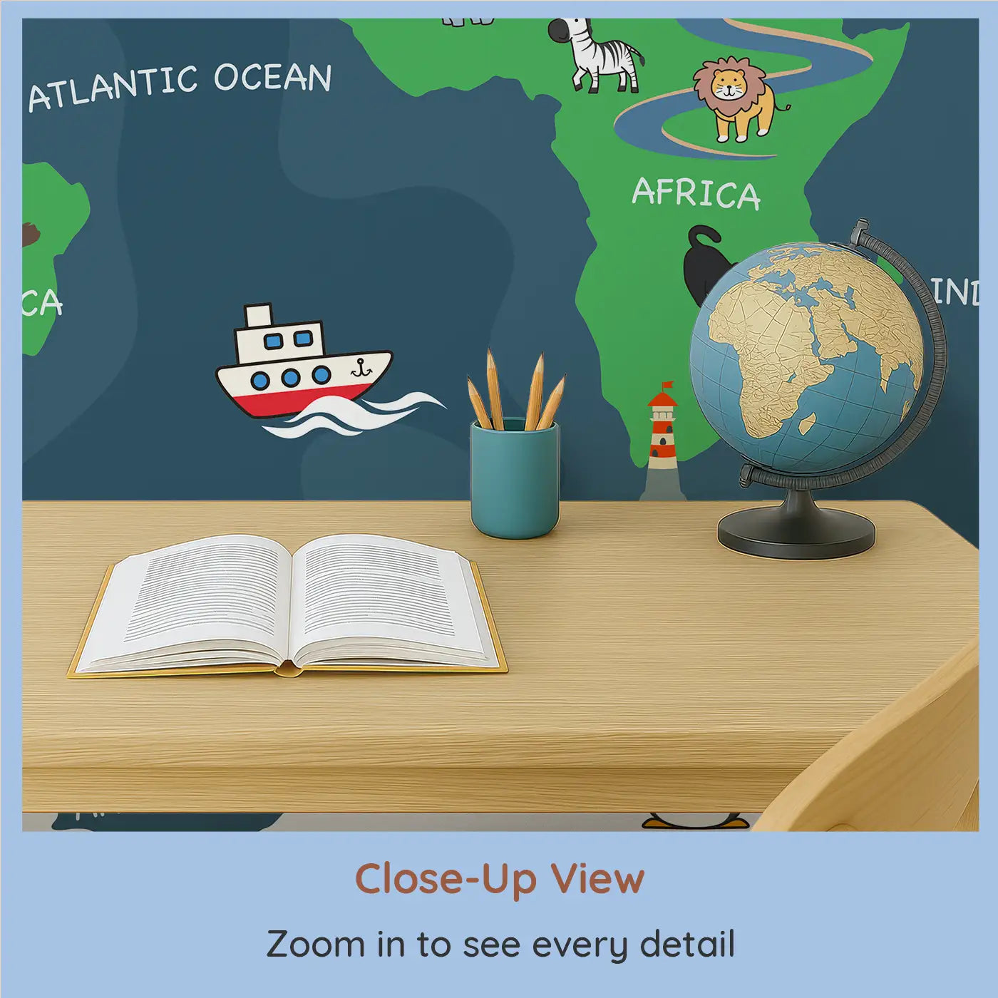 Close-up view of Whimsy Tots' Adventurous World Map Wall Mural (M0197).A playful map of the world filled with animals, oceans, and joy.