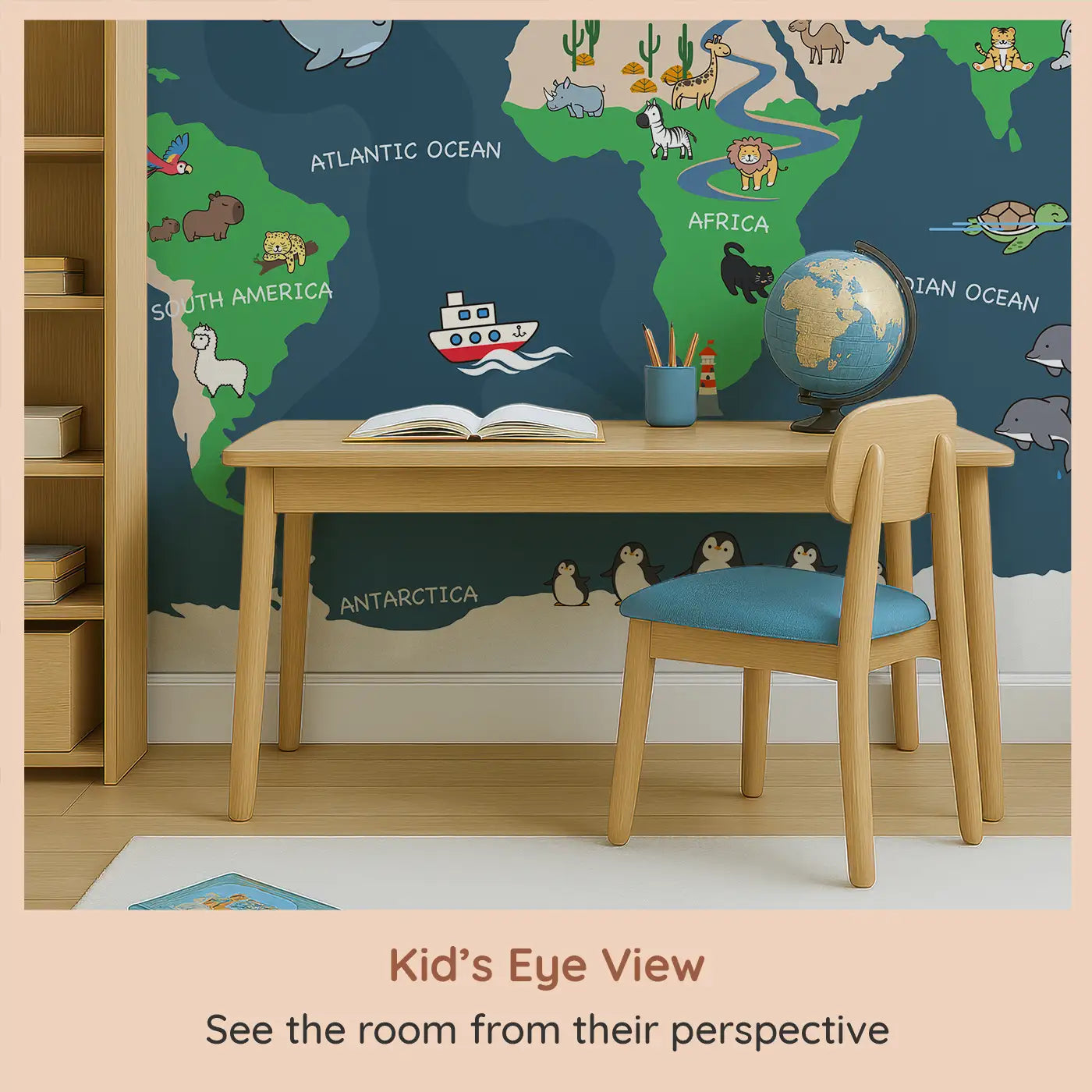 Whimsy Tots Adventurous World Map Wall Mural (M0197) from your child's view.A playful map of the world filled with animals, oceans, and joy.