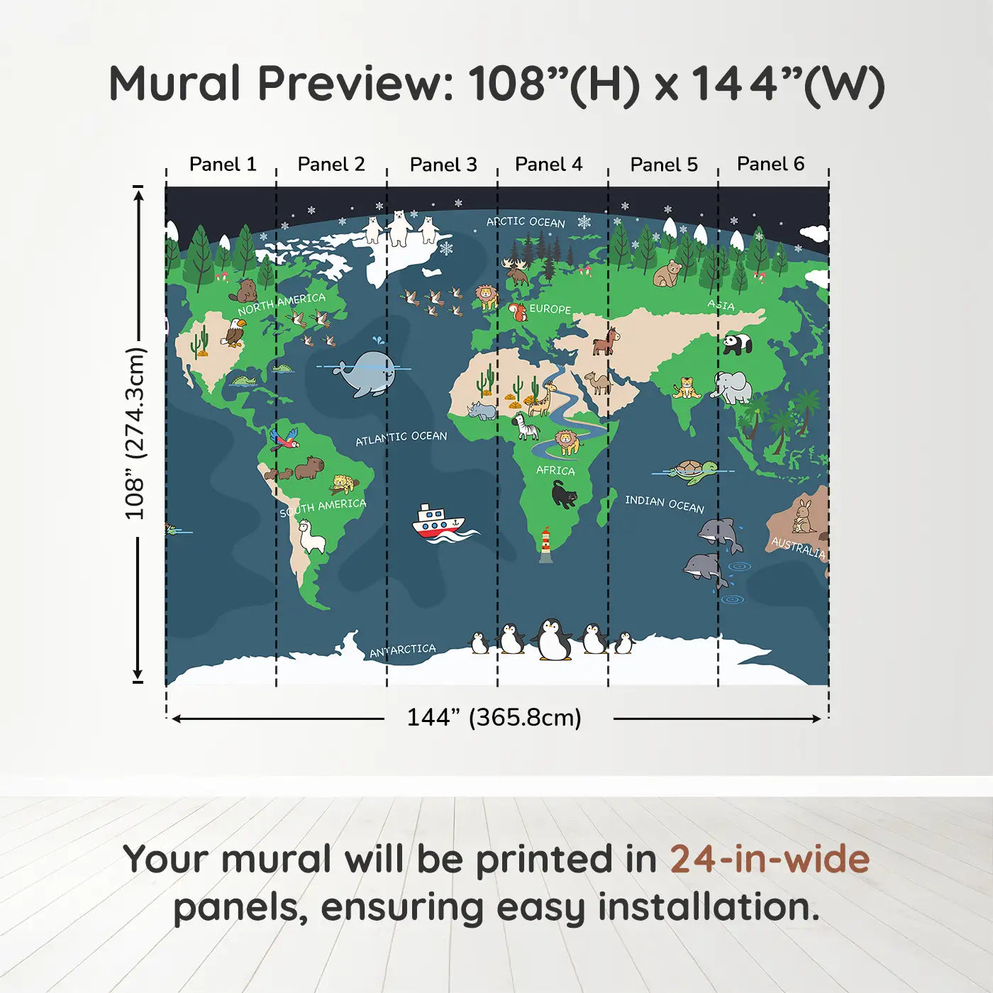 Whimsy Tots Adventurous World Map Wall Muraldimension view (108" H x 144" W). Printed in six 24-inch-wide panels. A playful map of the world filled with animals, oceans, and joy.