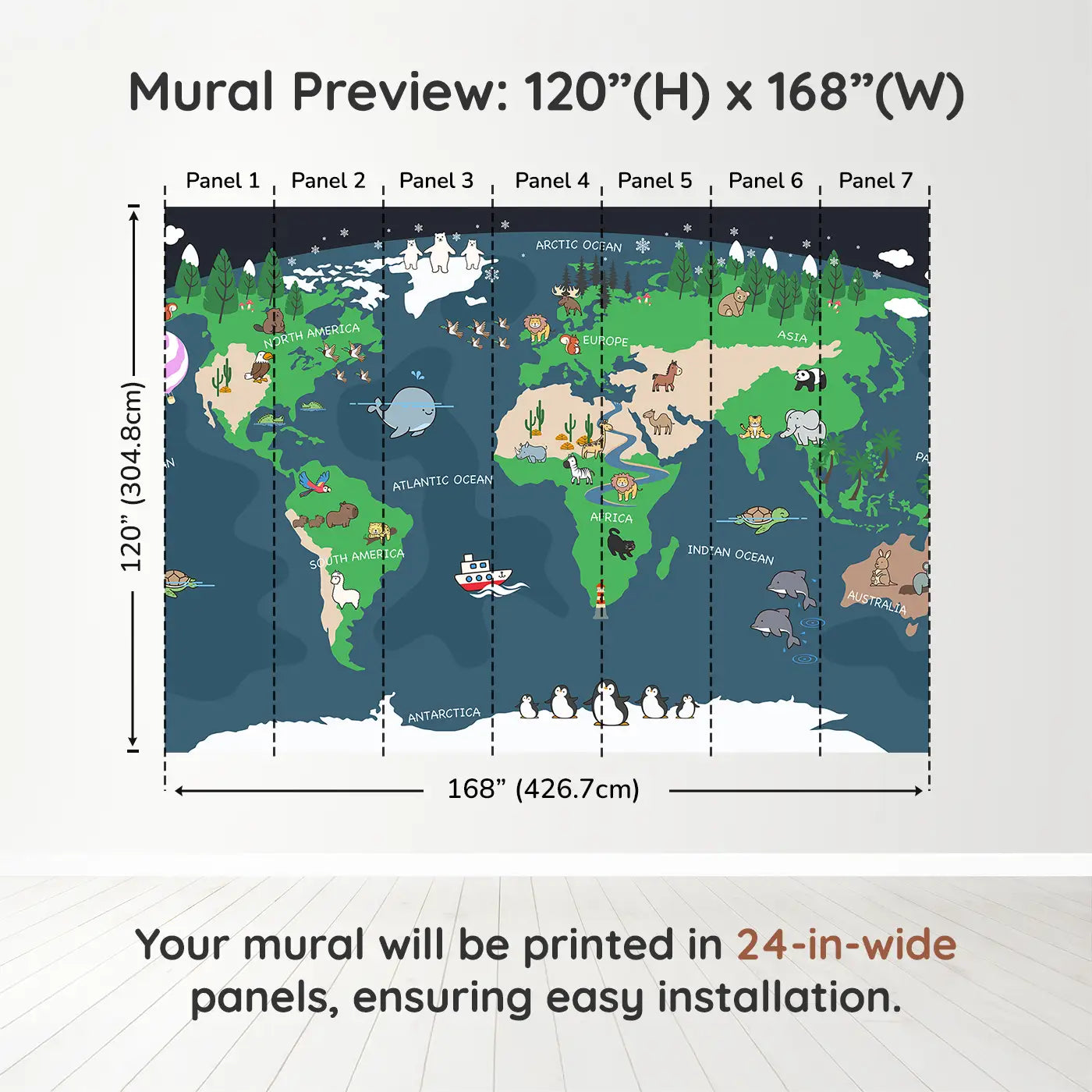 Whimsy Tots Adventurous World Map Wall Muraldimension view (120" H x 168" W). Printed in seven 24-inch-wide panels. A playful map of the world filled with animals, oceans, and joy.