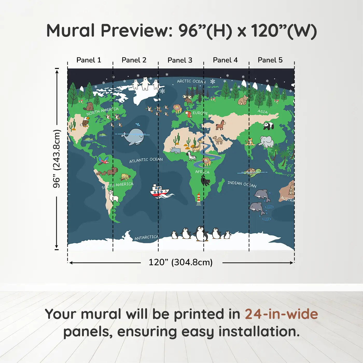 Whimsy Tots Adventurous World Map Wall Muraldimension view (96" H x 120" W). Printed in five 24-inch-wide panels. A playful map of the world filled with animals, oceans, and joy.