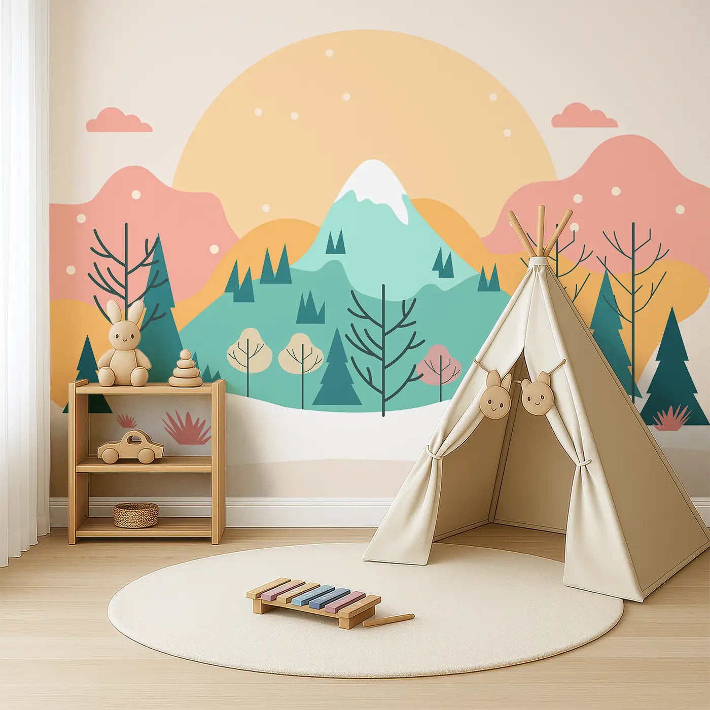 Angled view of Whimsy Tots' Sunlit Mountain Serenity Wall Mural (M0201).A pastel sunrise over snow-capped peaks and gentle trees.