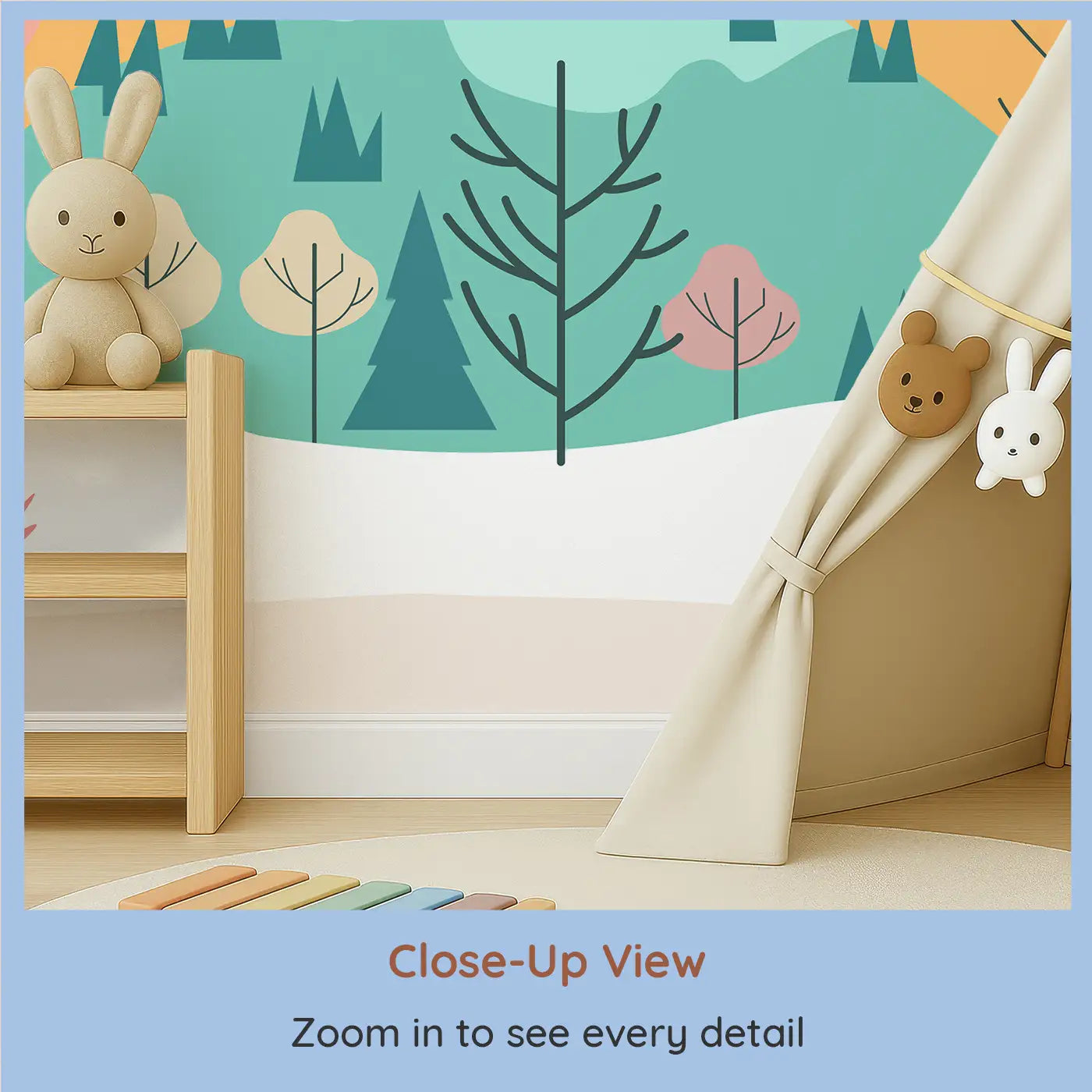 Close-up view of Whimsy Tots' Sunlit Mountain Serenity Wall Mural (M0201).A pastel sunrise over snow-capped peaks and gentle trees.