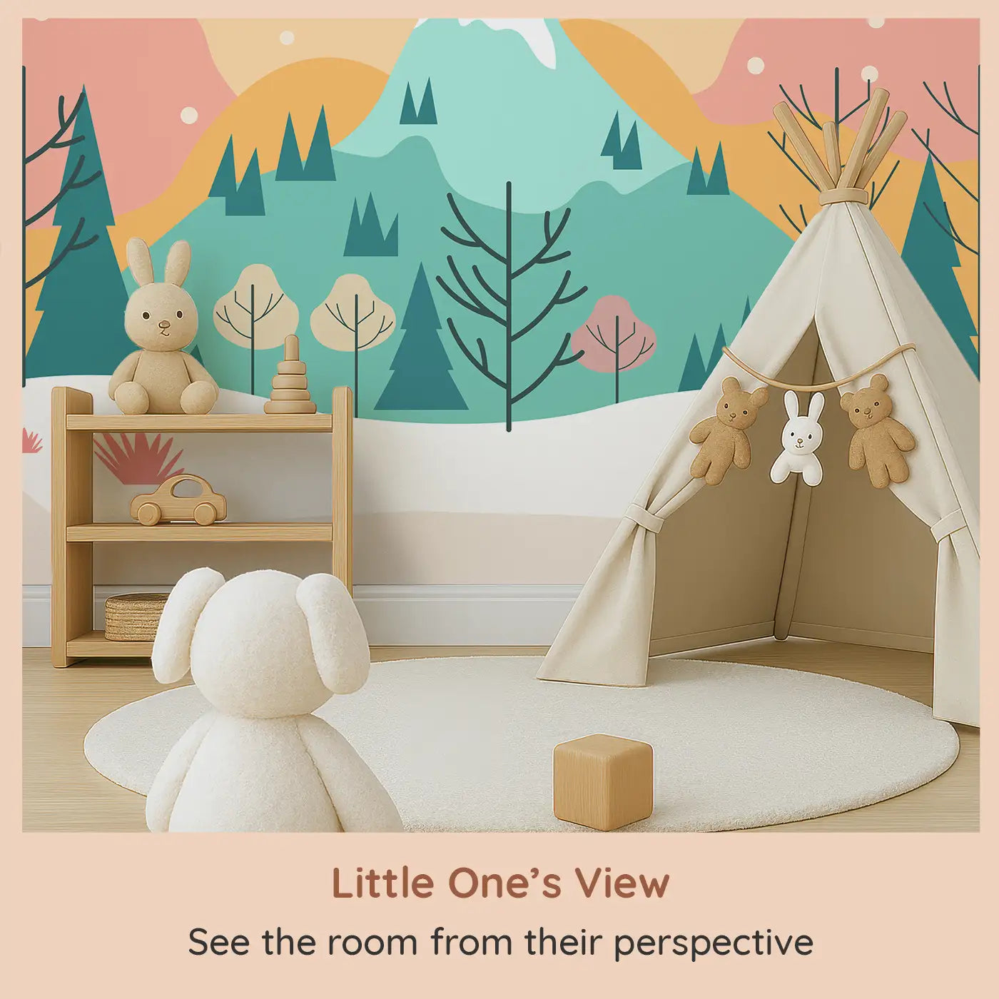 Whimsy Tots Sunlit Mountain Serenity Wall Mural (M0201) from your child's view.A pastel sunrise over snow-capped peaks and gentle trees.