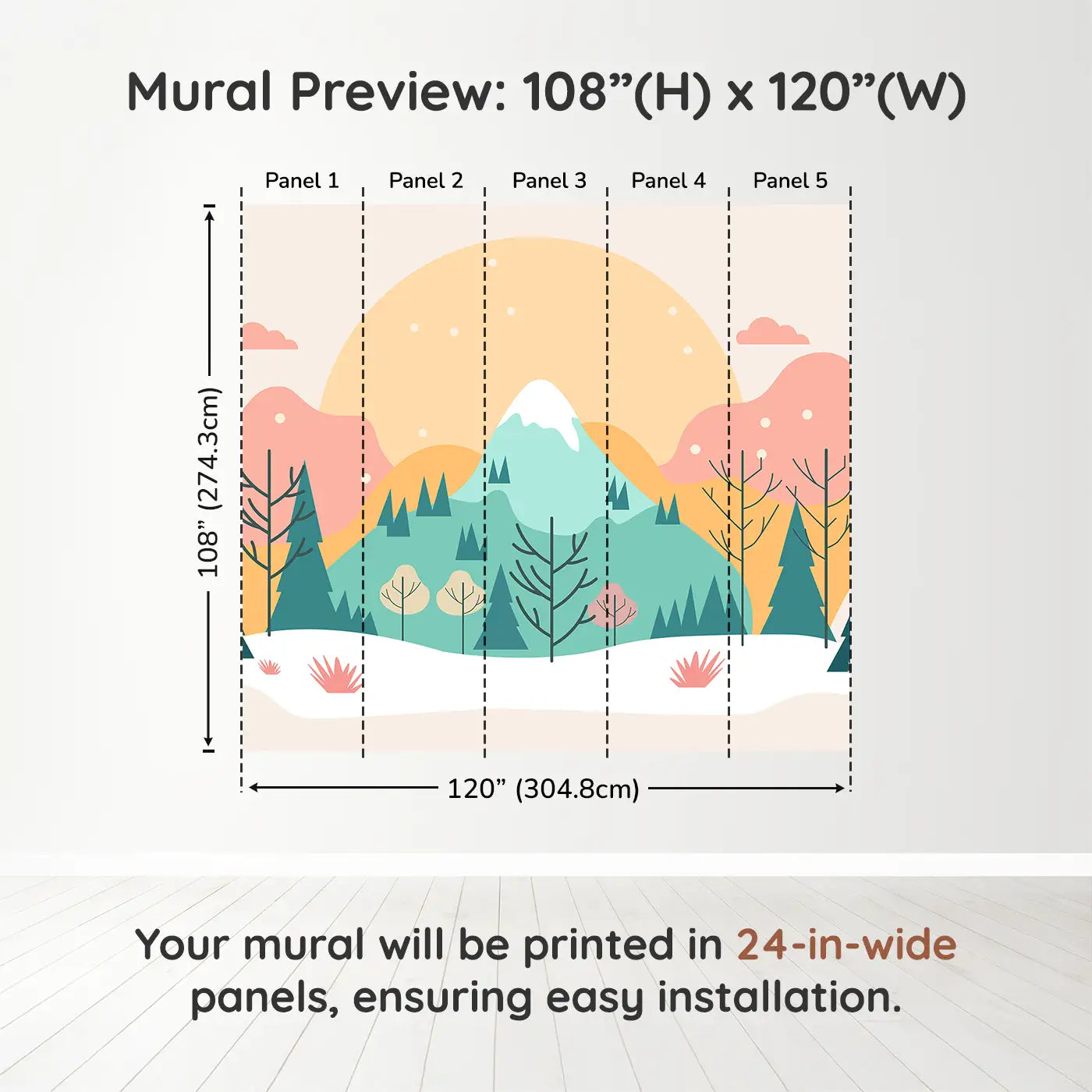 Whimsy Tots Sunlit Mountain Serenity Wall Muraldimension view (108" H x 120" W). Printed in five 24-inch-wide panels. A pastel sunrise over snow-capped peaks and gentle trees.