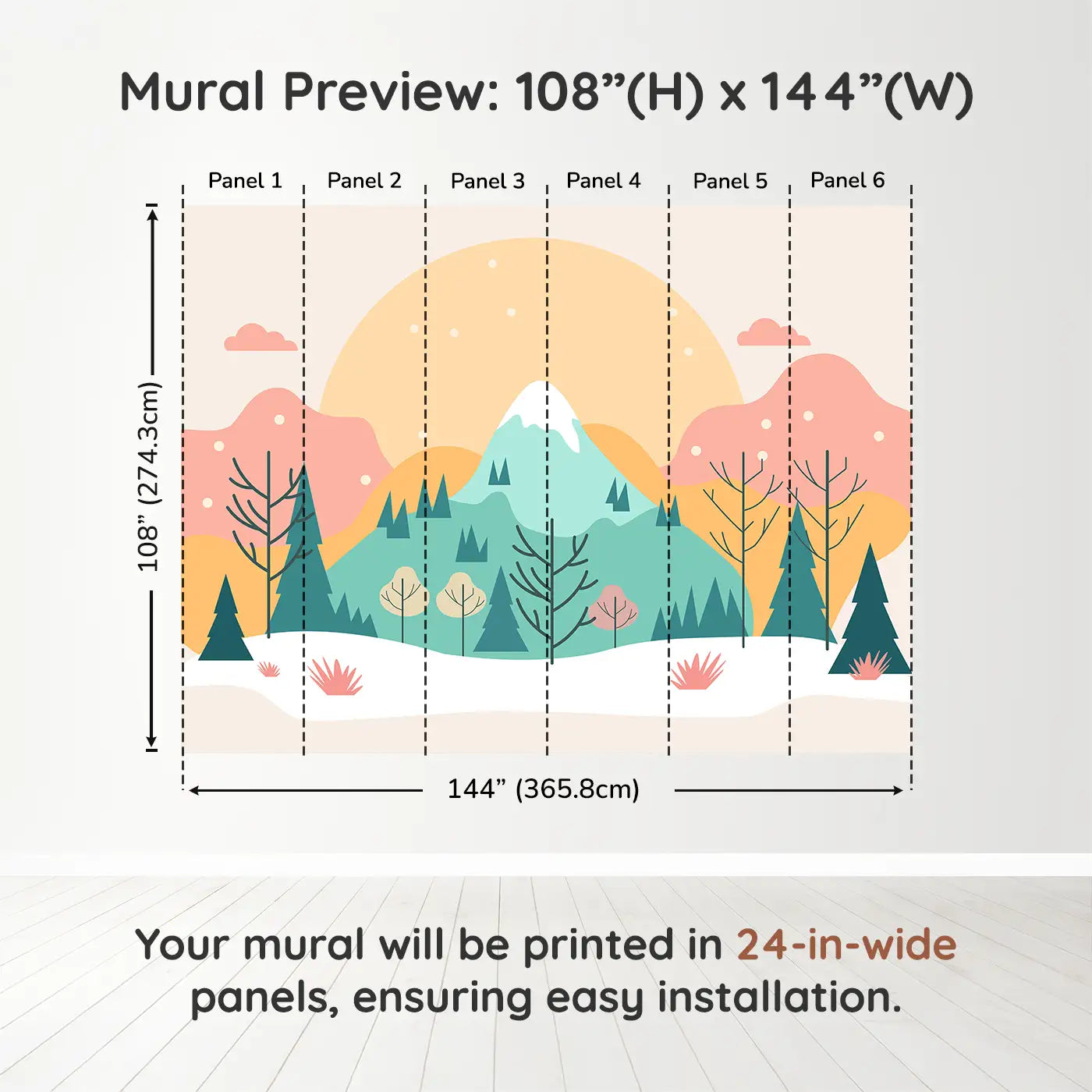 Whimsy Tots Sunlit Mountain Serenity Wall Muraldimension view (108" H x 144" W). Printed in six 24-inch-wide panels. A pastel sunrise over snow-capped peaks and gentle trees.