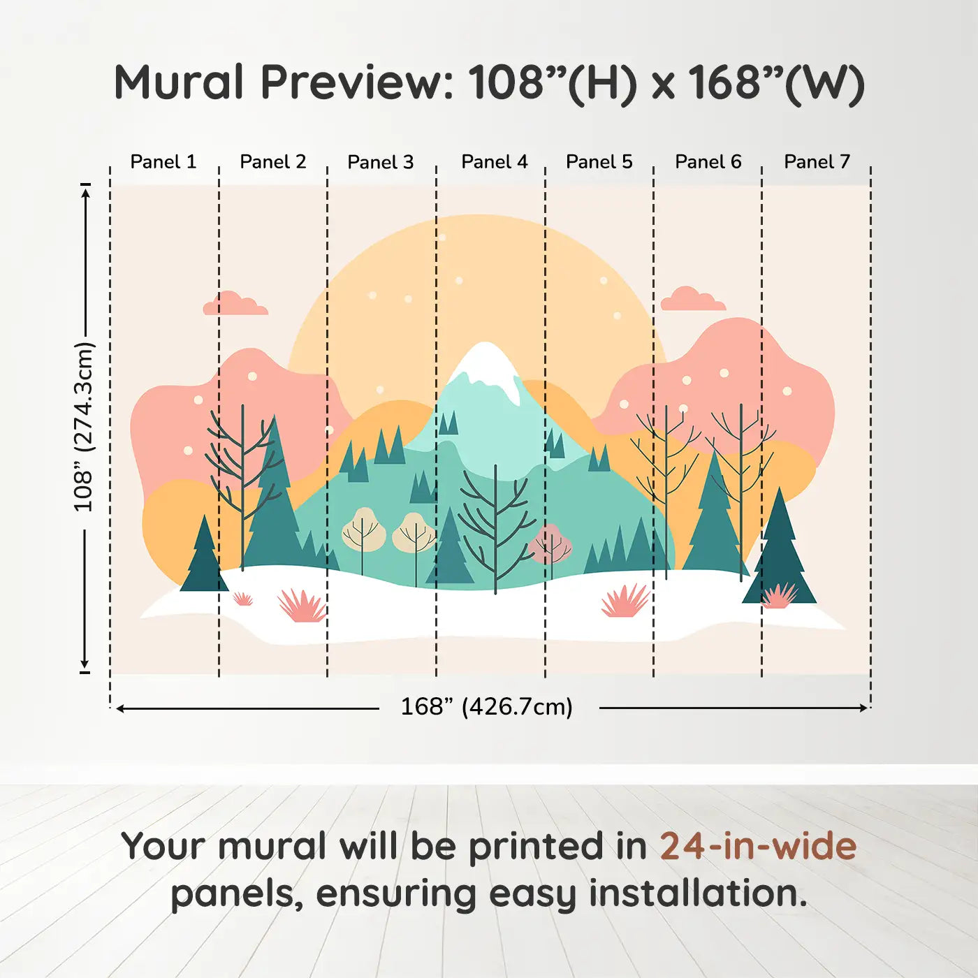 Whimsy Tots Sunlit Mountain Serenity Wall Muraldimension view (108" H x 168" W). Printed in seven 24-inch-wide panels. A pastel sunrise over snow-capped peaks and gentle trees.