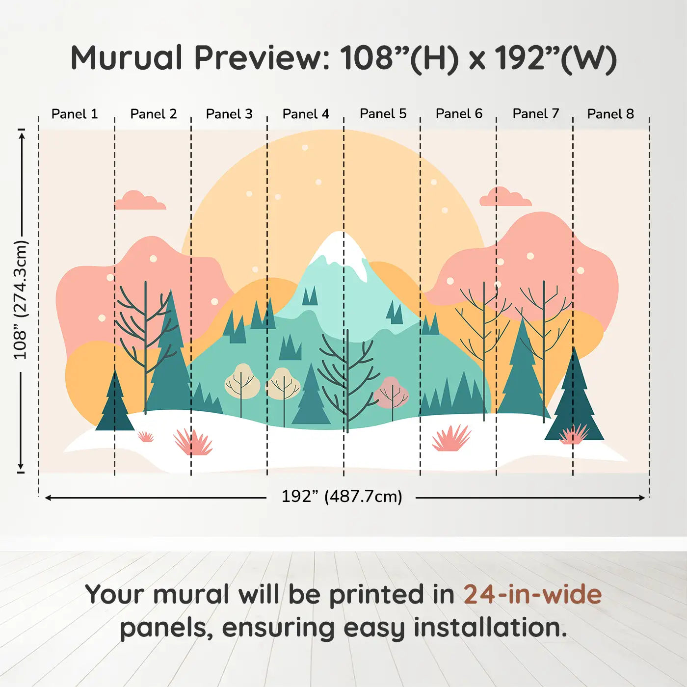 Whimsy Tots Sunlit Mountain Serenity Wall Muraldimension view (108" H x 192" W). Printed in eight 24-inch-wide panels. A pastel sunrise over snow-capped peaks and gentle trees.
