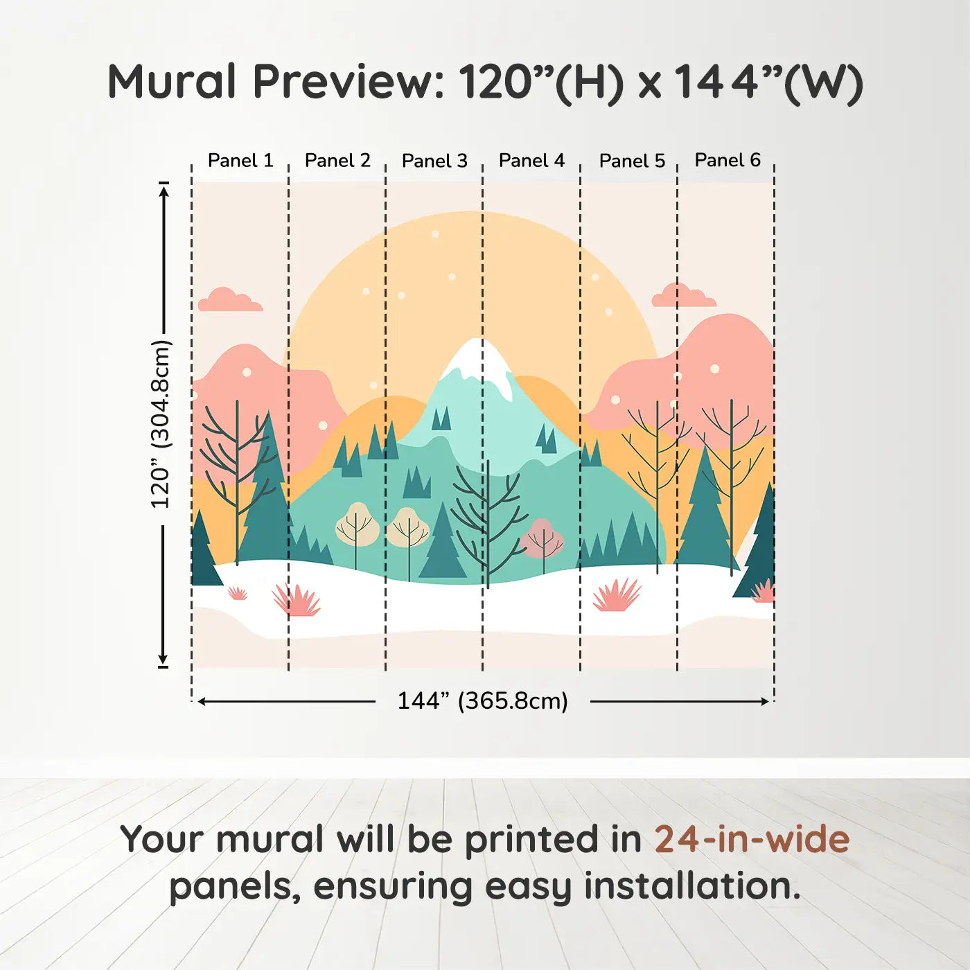 Whimsy Tots Sunlit Mountain Serenity Wall Muraldimension view (120" H x 144" W). Printed in six 24-inch-wide panels. A pastel sunrise over snow-capped peaks and gentle trees.