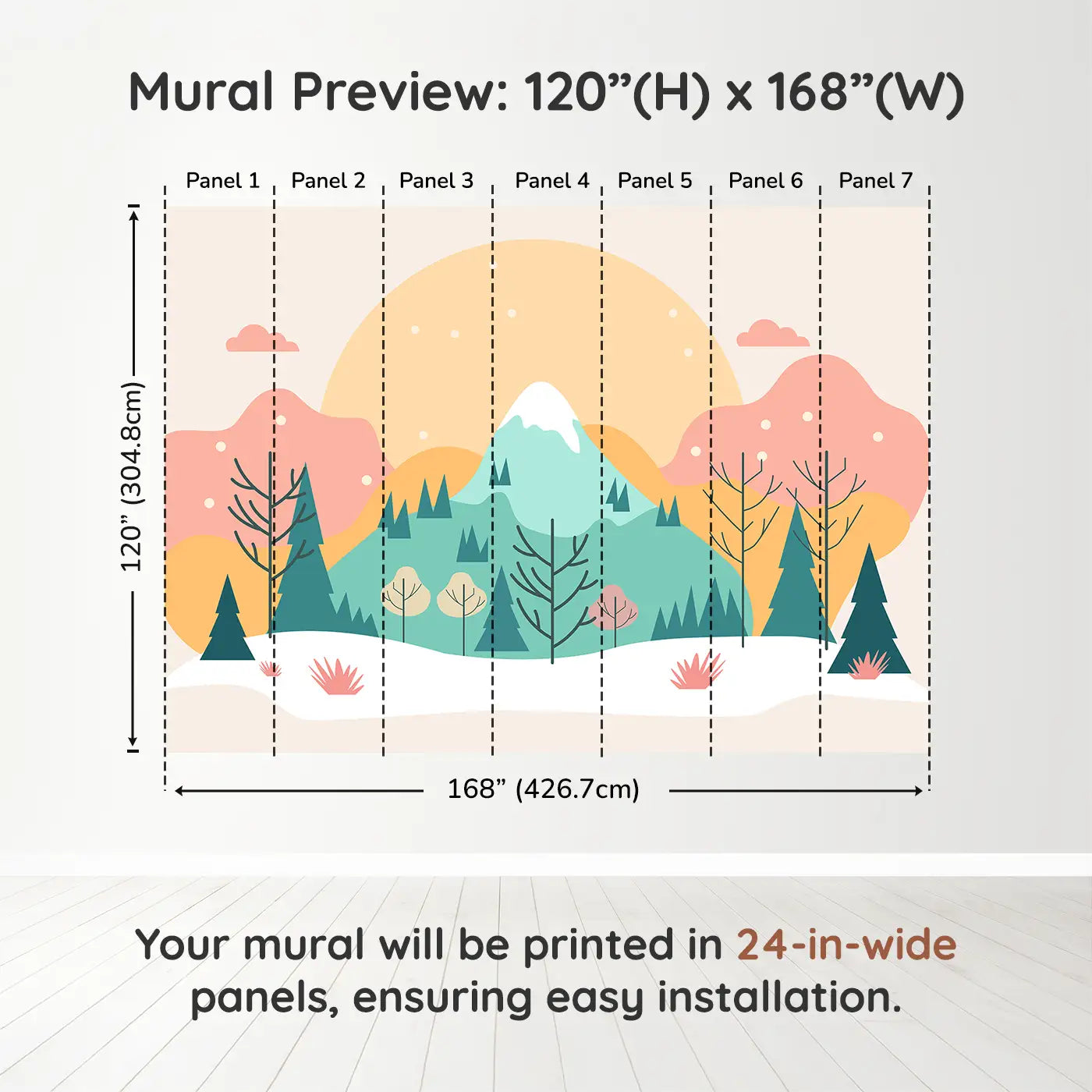 Whimsy Tots Sunlit Mountain Serenity Wall Muraldimension view (120" H x 168" W). Printed in seven 24-inch-wide panels. A pastel sunrise over snow-capped peaks and gentle trees.