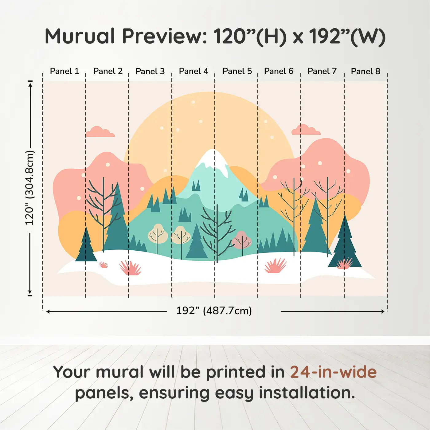 Whimsy Tots Sunlit Mountain Serenity Wall Muraldimension view (120" H x 192" W). Printed in eight 24-inch-wide panels. A pastel sunrise over snow-capped peaks and gentle trees.