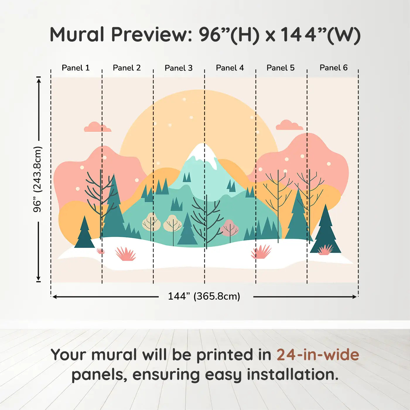Whimsy Tots Sunlit Mountain Serenity Wall Muraldimension view (96" H x 144" W). Printed in six 24-inch-wide panels. A pastel sunrise over snow-capped peaks and gentle trees.