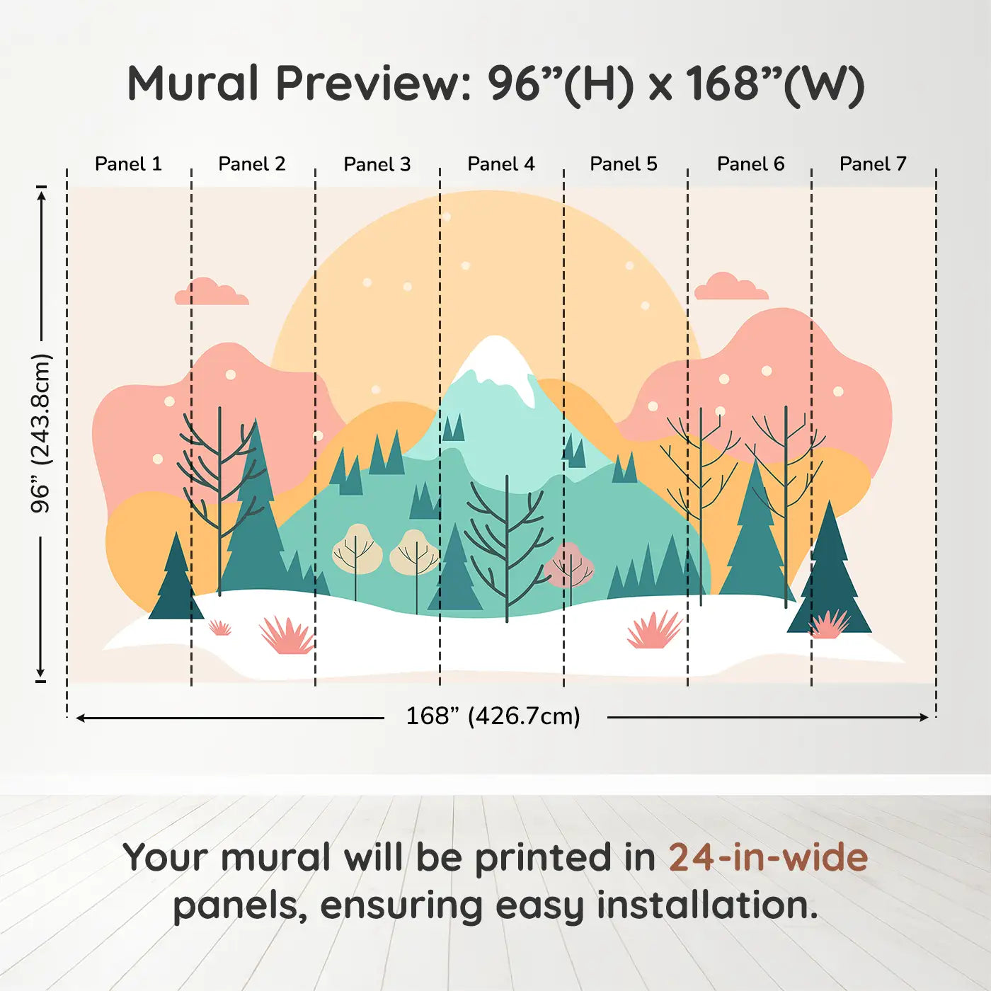 Whimsy Tots Sunlit Mountain Serenity Wall Muraldimension view (96" H x 168" W). Printed in seven 24-inch-wide panels. A pastel sunrise over snow-capped peaks and gentle trees.
