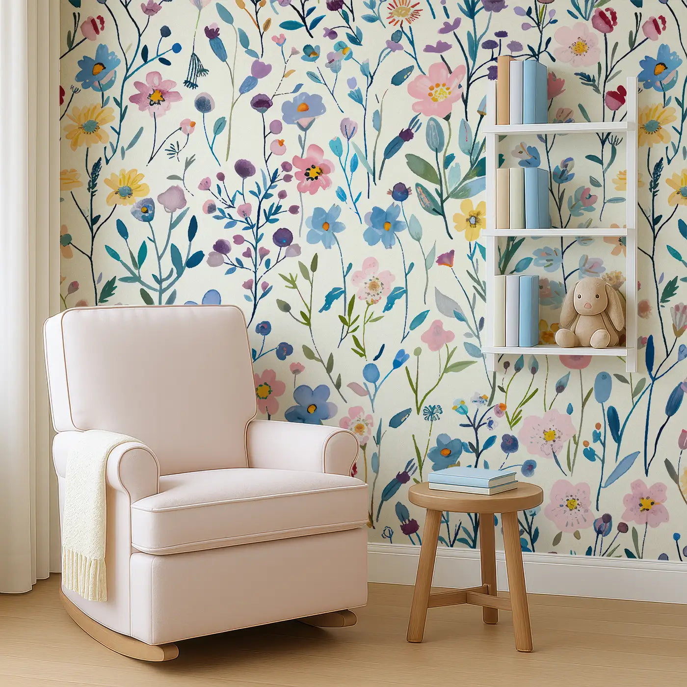Angled view of Whimsy Tots' Wildflower Harmony Wall Mural (M0204).A cheerful wall of watercolor wildflowers in every color.
