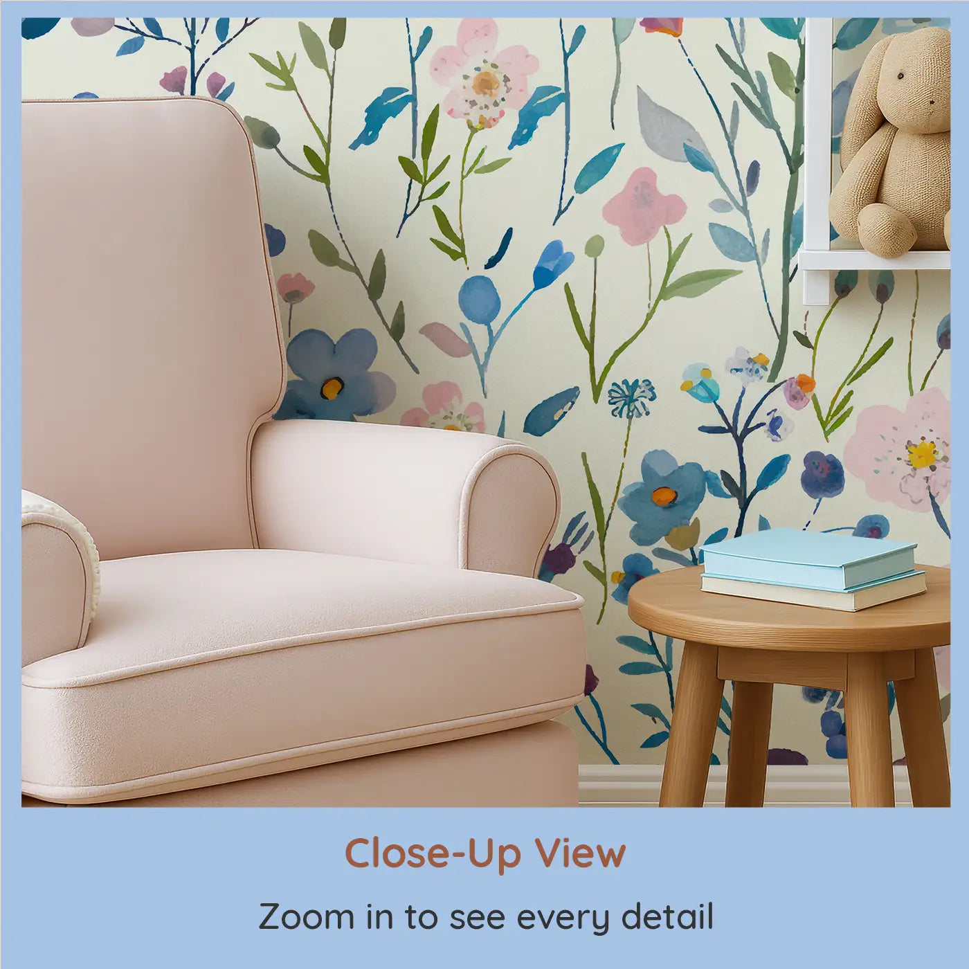 Close-up view of Whimsy Tots' Wildflower Harmony Wall Mural (M0204).A cheerful wall of watercolor wildflowers in every color.