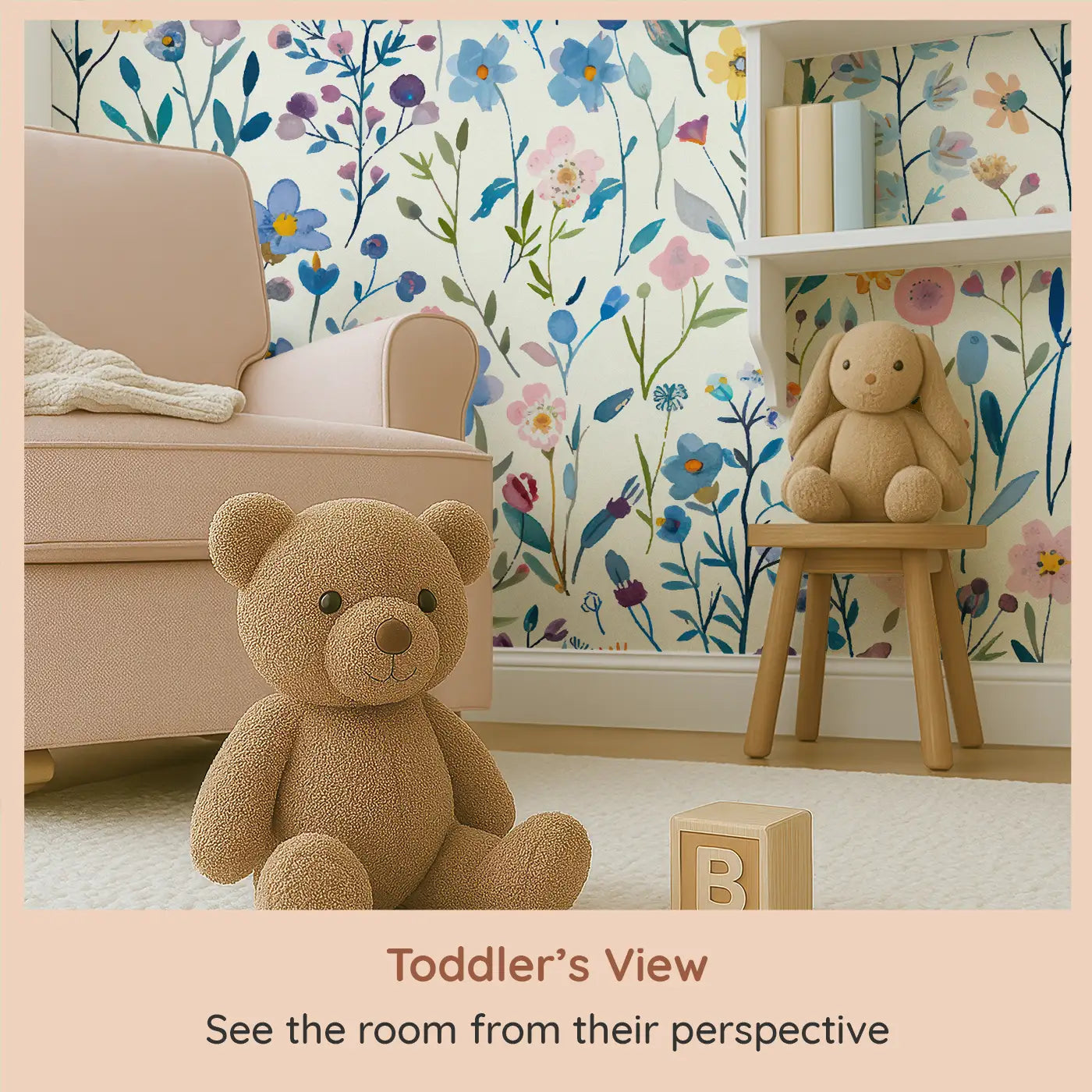 Whimsy Tots Wildflower Harmony Wall Mural (M0204) from your child's view.A cheerful wall of watercolor wildflowers in every color.