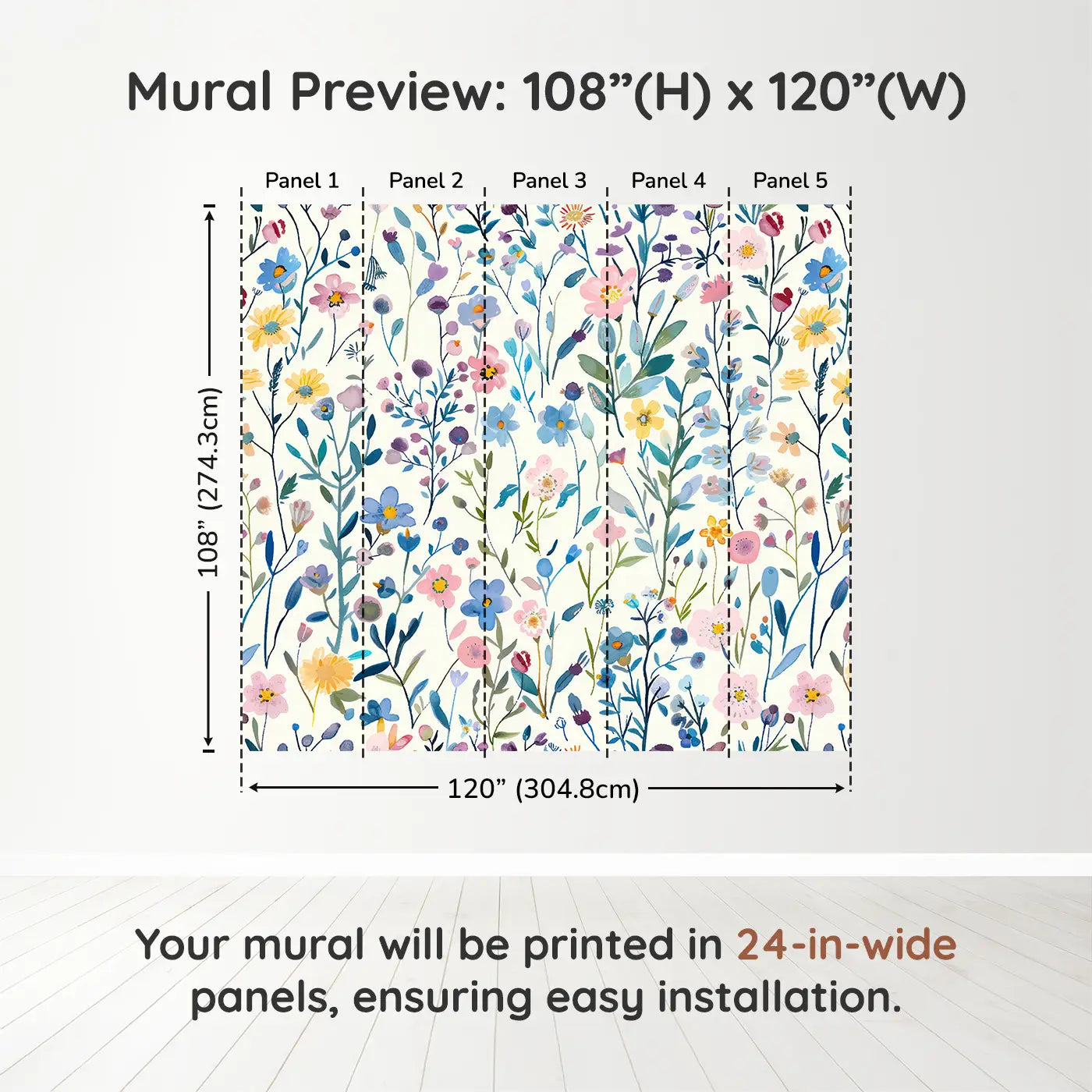 Whimsy Tots Wildflower Harmony Wall Muraldimension view (108" H x 120" W). Printed in five 24-inch-wide panels. A cheerful wall of watercolor wildflowers in every color.