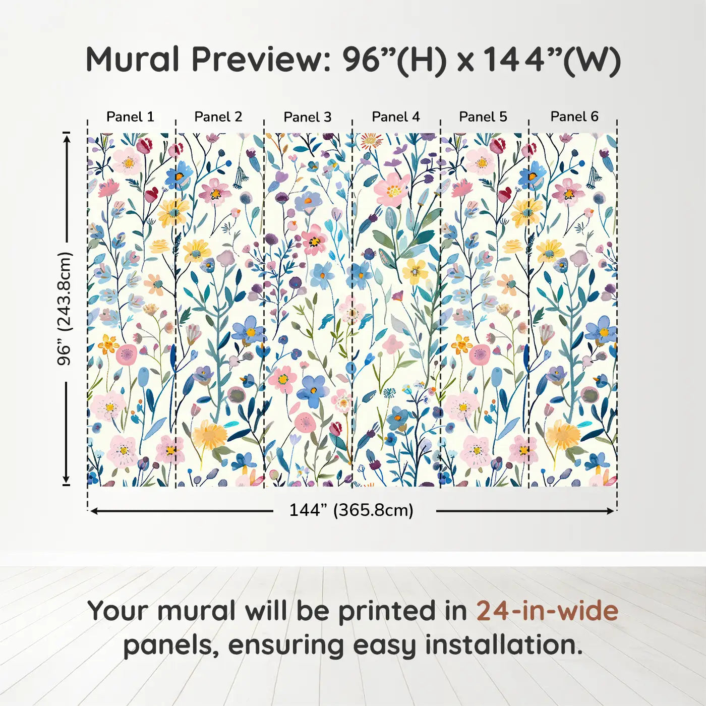 Whimsy Tots Wildflower Harmony Wall Muraldimension view (96" H x 144" W). Printed in six 24-inch-wide panels. A cheerful wall of watercolor wildflowers in every color.