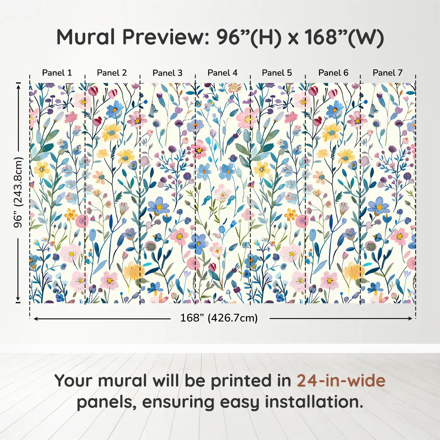 Whimsy Tots Wildflower Harmony Wall Muraldimension view (96" H x 168" W). Printed in seven 24-inch-wide panels. A cheerful wall of watercolor wildflowers in every color.