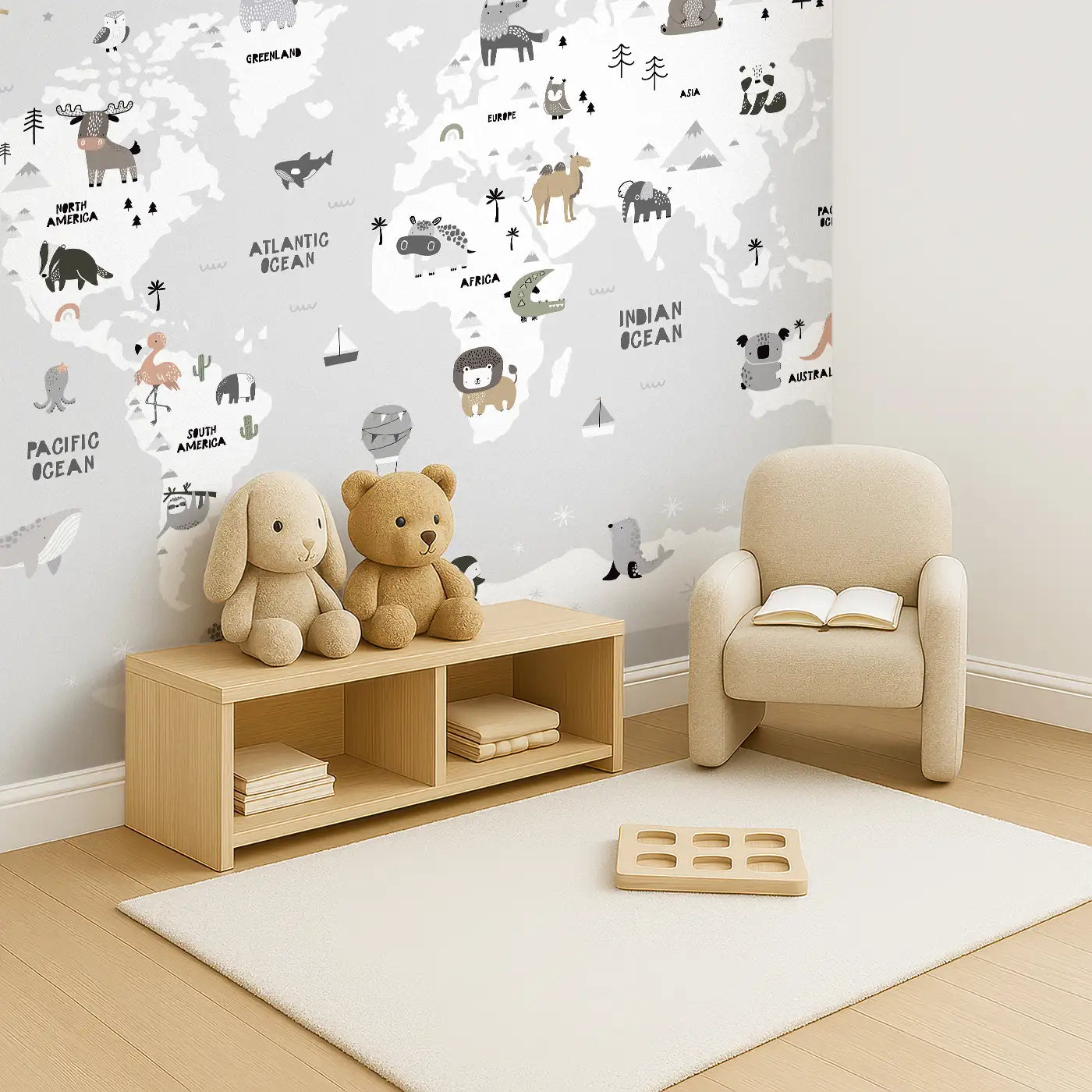 Angled view of Whimsy Tots' Whimsy World Map Wall Mural (M0222).An enchanting animal-filled map that turns their walls into a world of imagination.