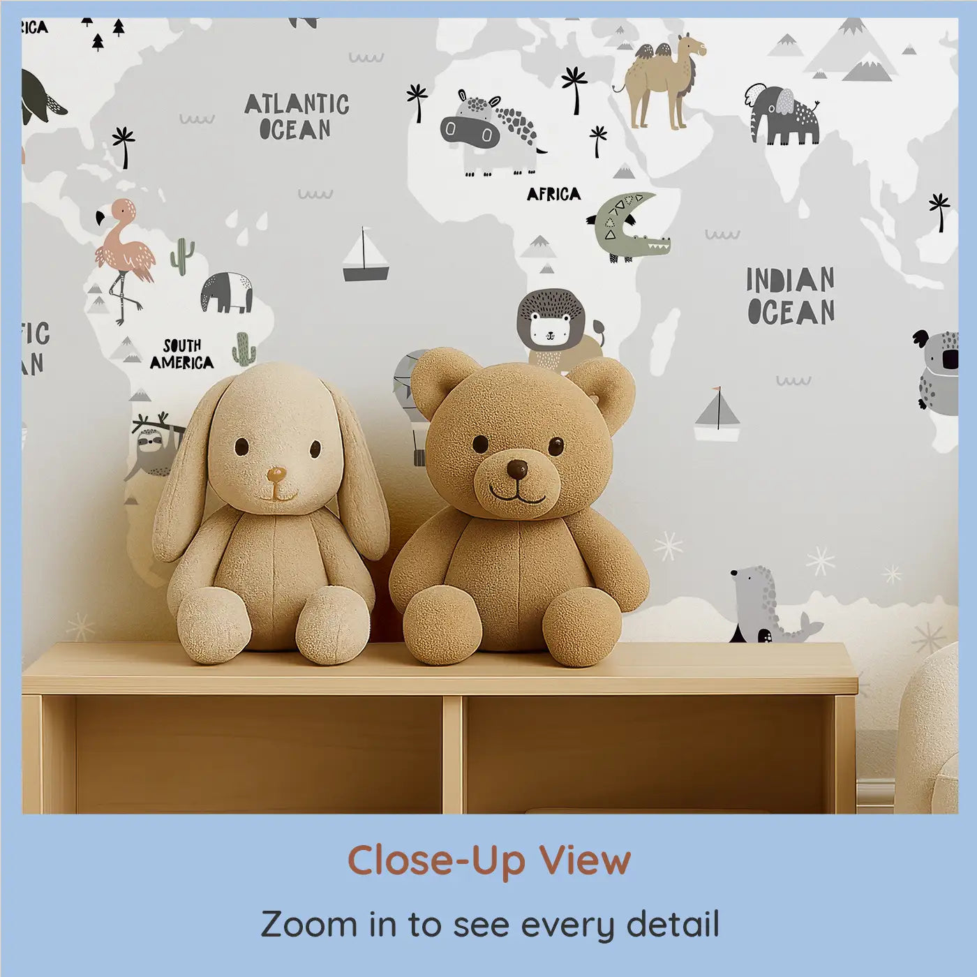 Close-up view of Whimsy Tots' Whimsy World Map Wall Mural (M0222).An enchanting animal-filled map that turns their walls into a world of imagination.