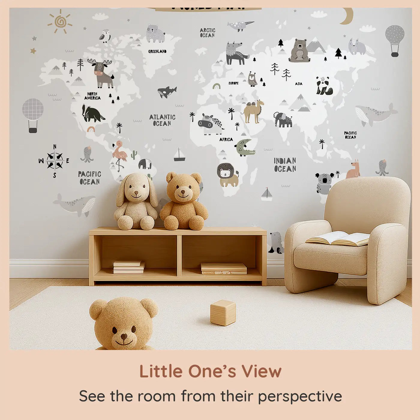 Whimsy Tots Whimsy World Map Wall Mural (M0222) from your child's view.An enchanting animal-filled map that turns their walls into a world of imagination.