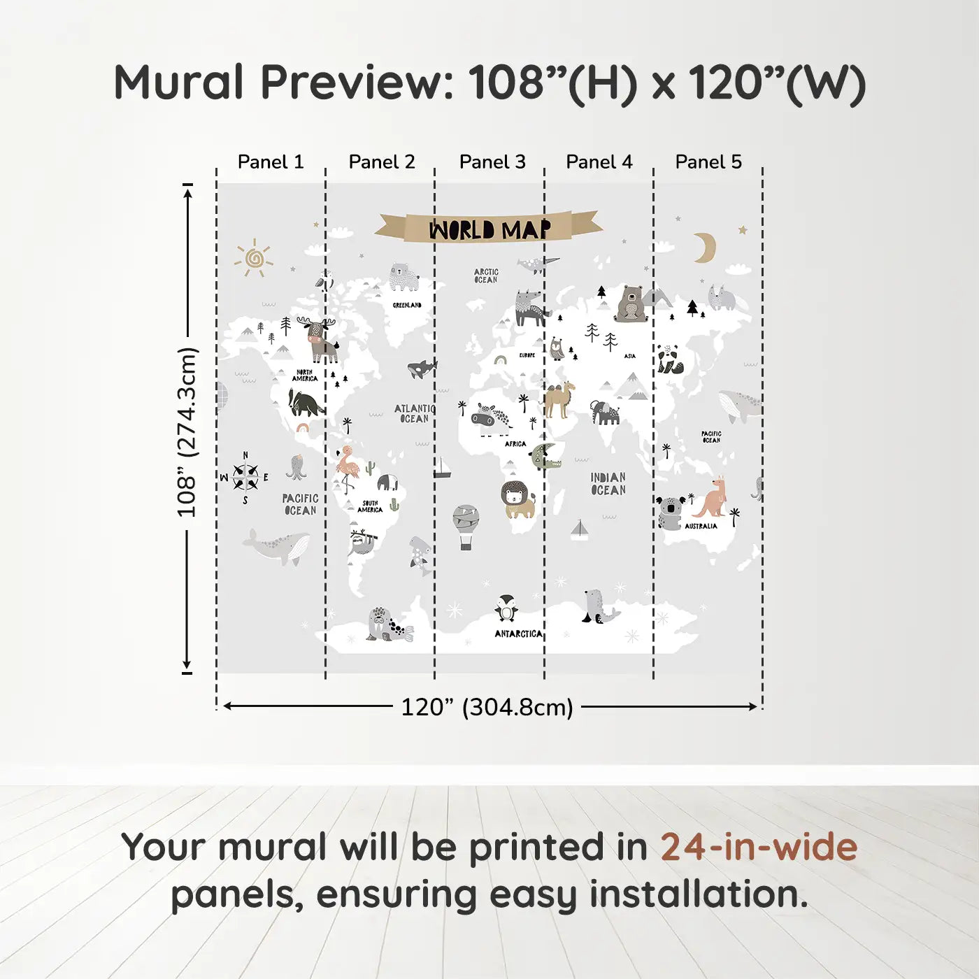 Whimsy Tots Whimsy World Map Wall Muraldimension view (108" H x 120" W). Printed in five 24-inch-wide panels. An enchanting animal-filled map that turns their walls into a world of imagination.