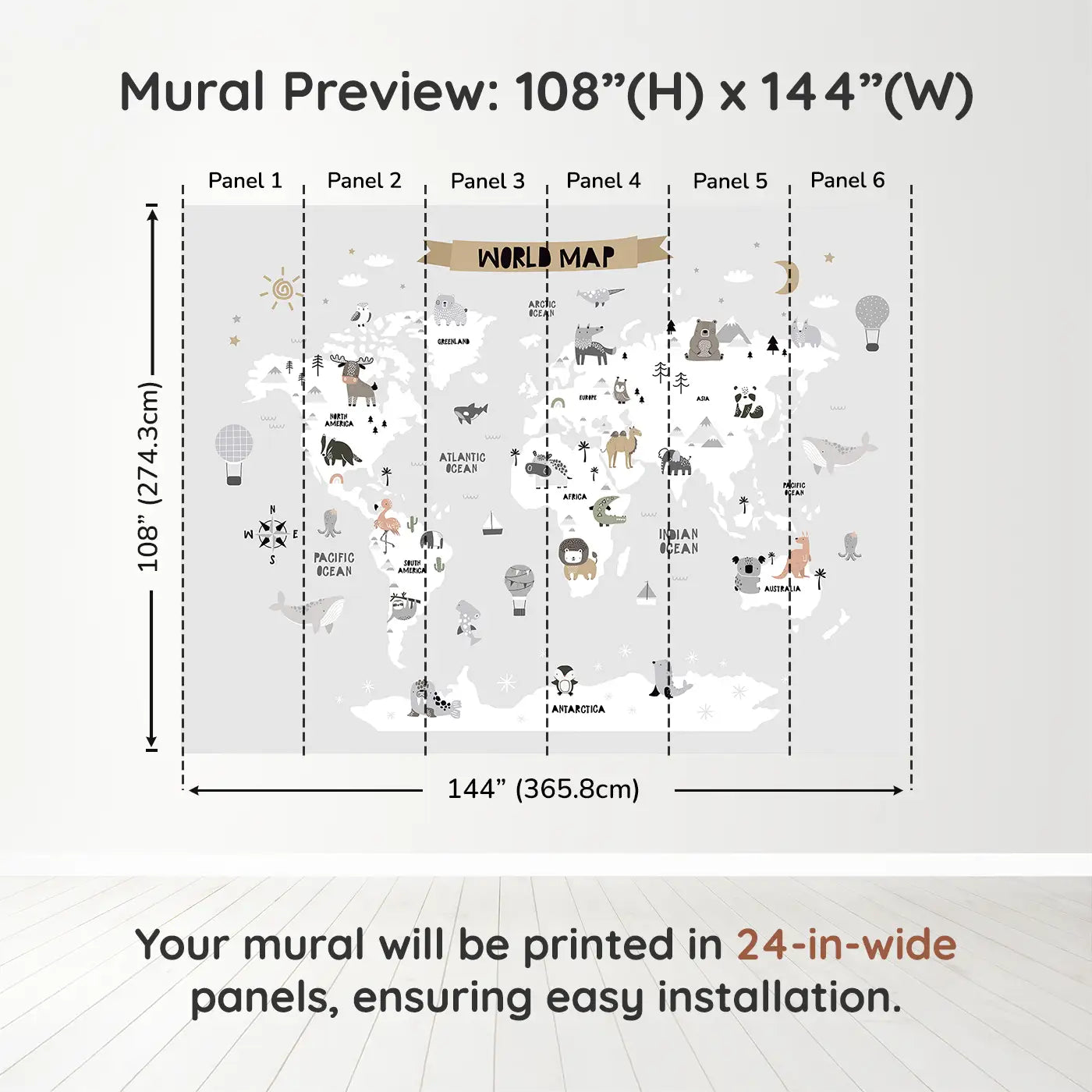 Whimsy Tots Whimsy World Map Wall Muraldimension view (108" H x 144" W). Printed in six 24-inch-wide panels. An enchanting animal-filled map that turns their walls into a world of imagination.