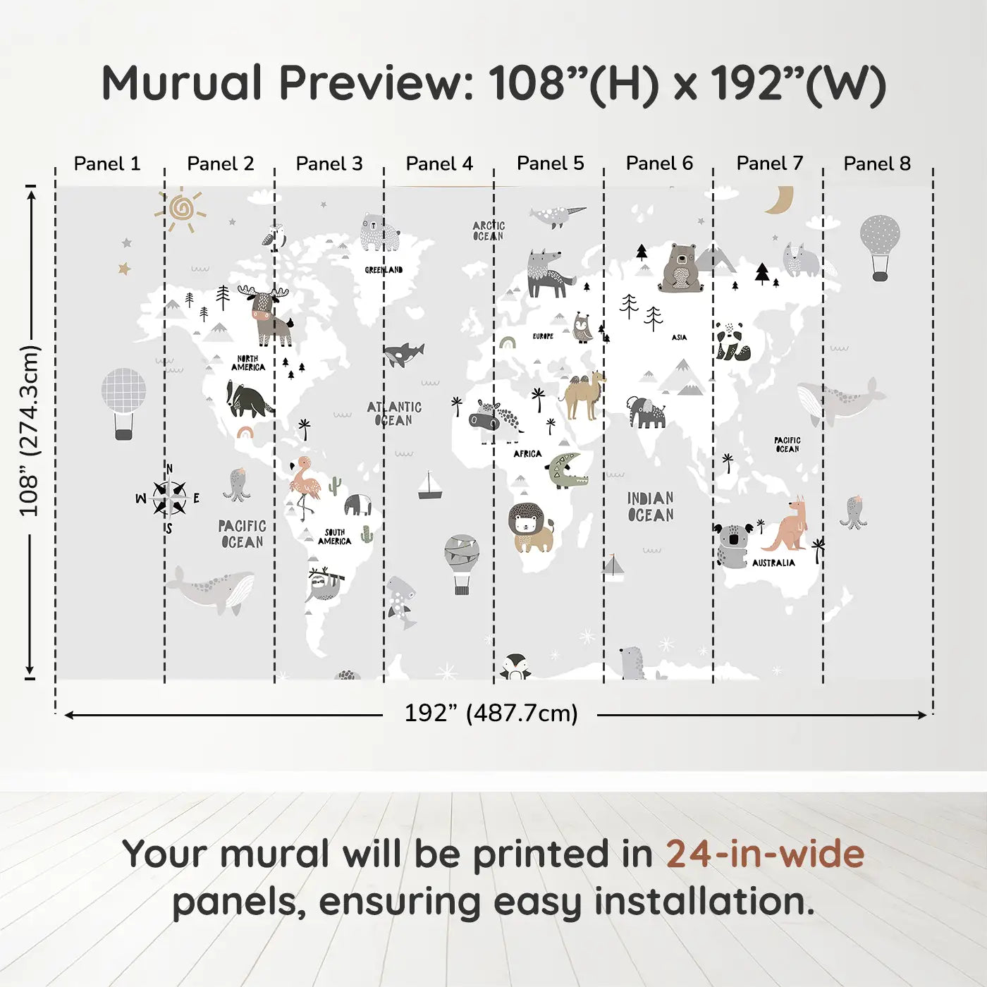 Whimsy Tots Whimsy World Map Wall Muraldimension view (108" H x 192" W). Printed in eight 24-inch-wide panels. An enchanting animal-filled map that turns their walls into a world of imagination.